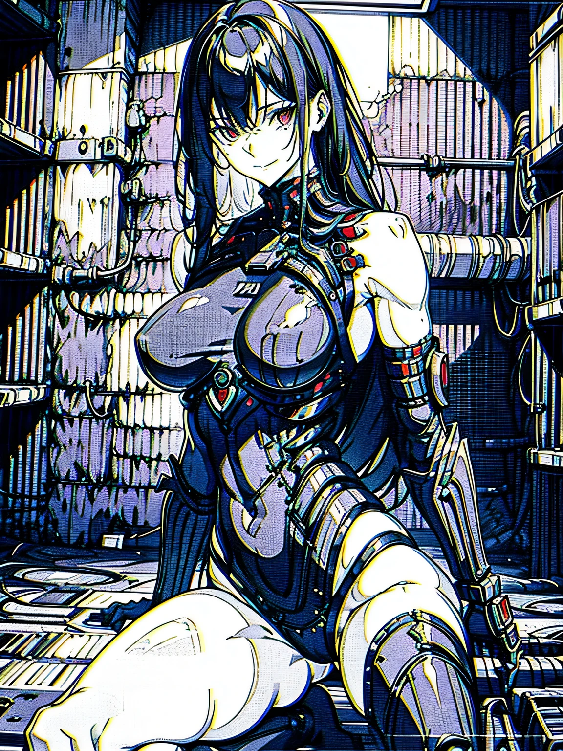 monochrome, greyscale, blood, cable, science fiction, cyberpunk, chromatic aberration, indoors, detailed background, night, 1girl, beautiful, solo, bare shoulders, sitting on bed, smiling, Seductive, nude, red light, long wavy hair, curvy, big breasts,