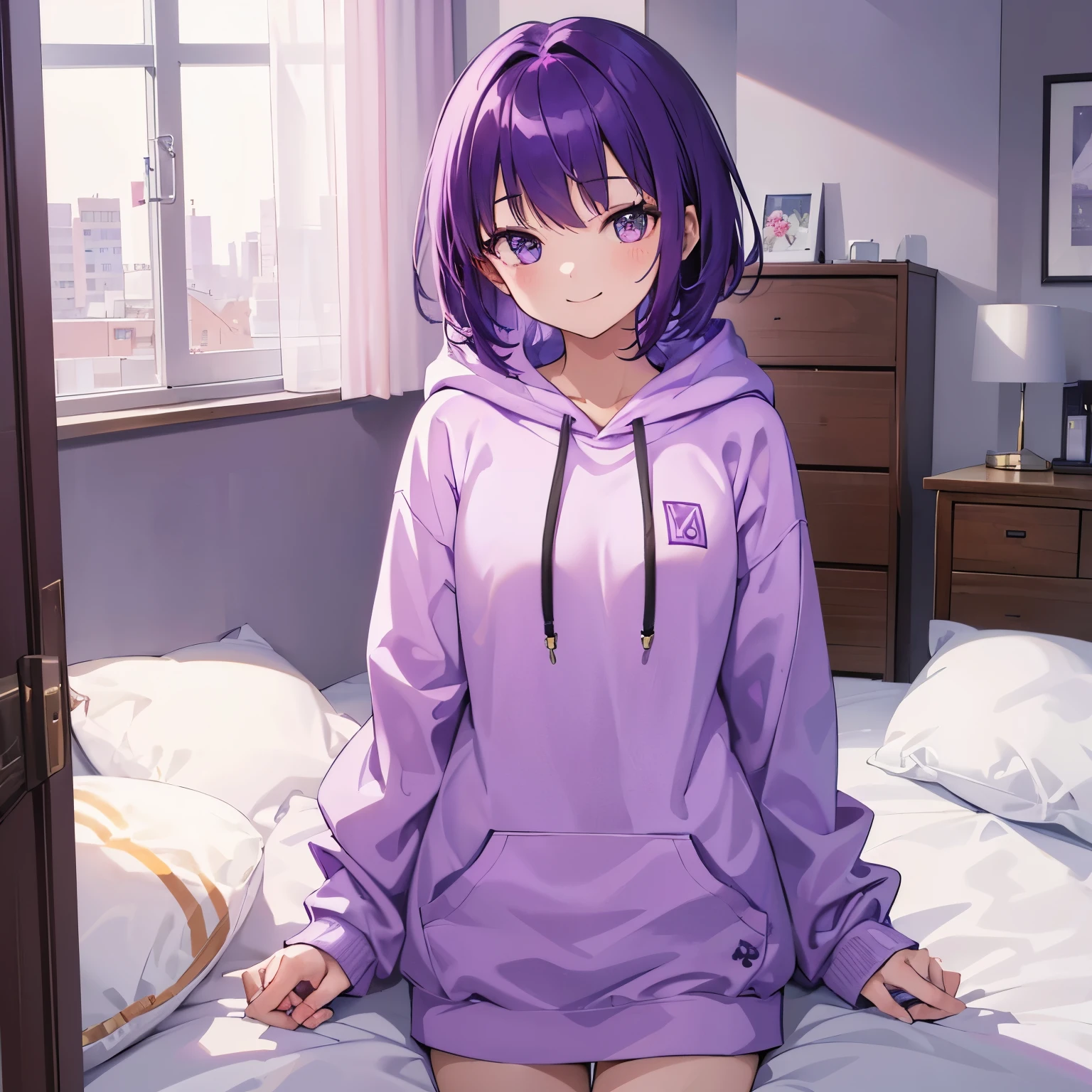 (T Masterpiece,4k wallpaper,best quality))、((girl1people))、(solo)、Shining and vivid,(purple hair)、(shortcut:1.3)、smile、Bedroom、hoodie、morning