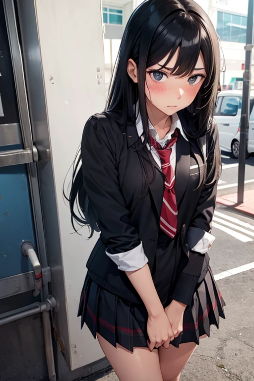Dirty public toilet, troubled face, blushing, young lady with long black hair wearing school uniform