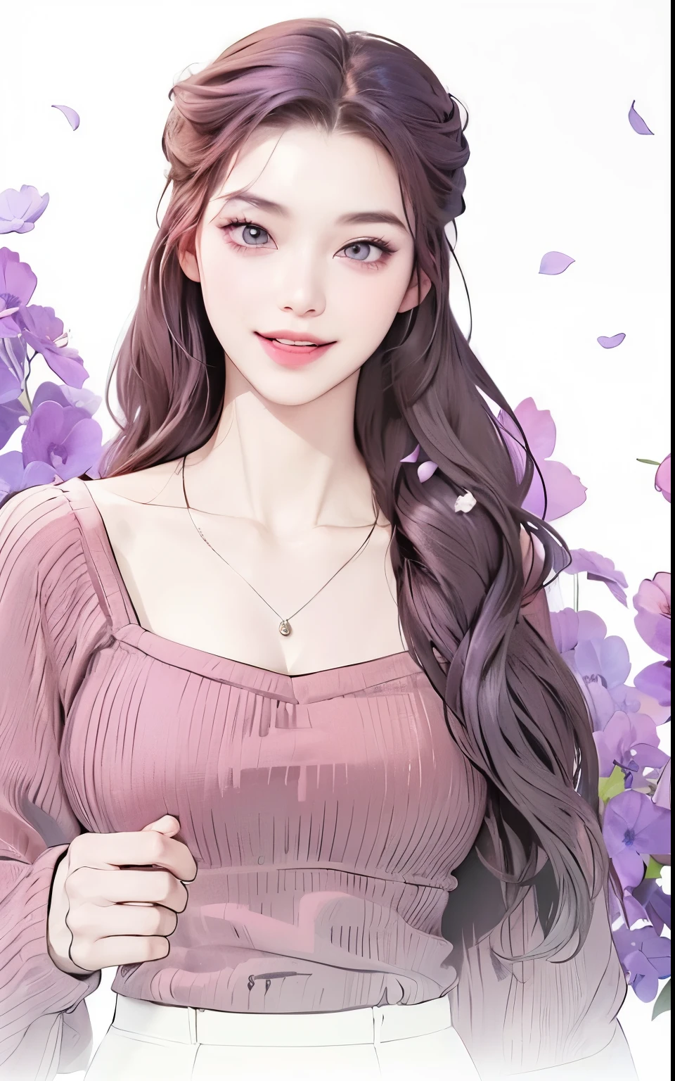 Masterpiece of woman, Adult woman with firm facial features like Korean women, purple mix pink eyes, his nose is sharp, happy laugh, mature, purple mix pink eyes, very pretty, beautiful girl, white, clean, smooth skin