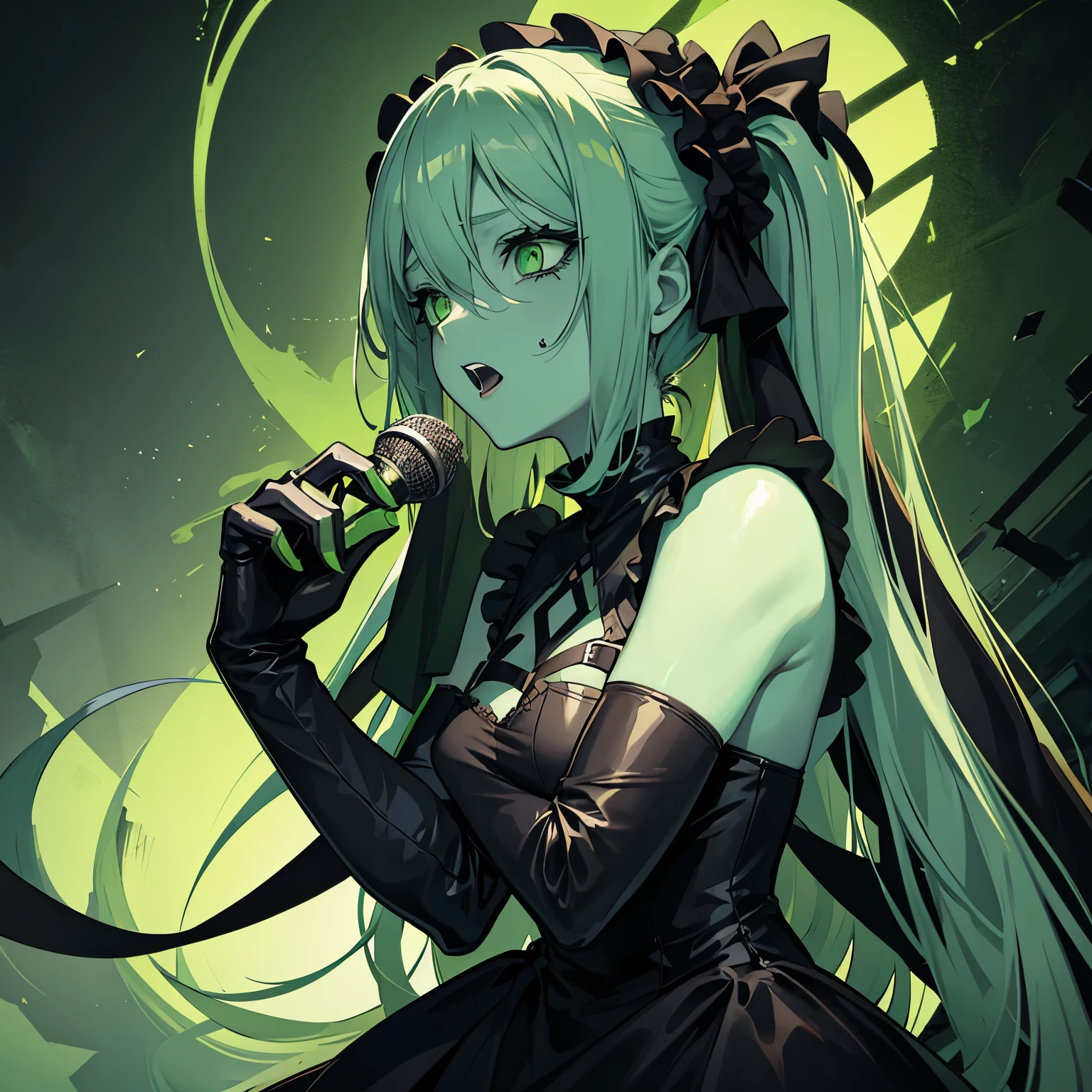 Green-skinned female zombie wearing black singing costume,one person