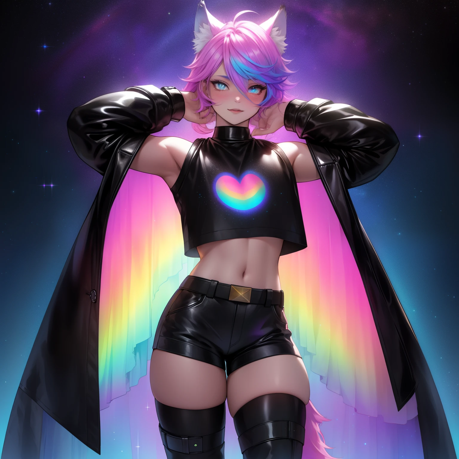 a short, skinny, young wearing a galactic peacock inspired outfit, glowing blue eyes, wearing a sheer rainbow peacock fur lined robe, flat chested, flat chest (SUPER FLAT CHEST) has wolf ears and a wolf tail, wide hips, pink lips, thick thighs, has long wavy rainbow gradient colored sparkly hair, twink, happy, blushing, flustered, curvy, solo, alone, (SOLO)(ALONE), has long wavy rainbow gradient colored sparkly hair, dynamic pose, slutty pose, wearing collar, showing thighs, round crotch bulge , prominent thighs, masterpiece, wearing kawaii heart covered panties with graphics on them, shirtless, is male, wearing sparkly blue lipstick, nipples, covered in tattoos