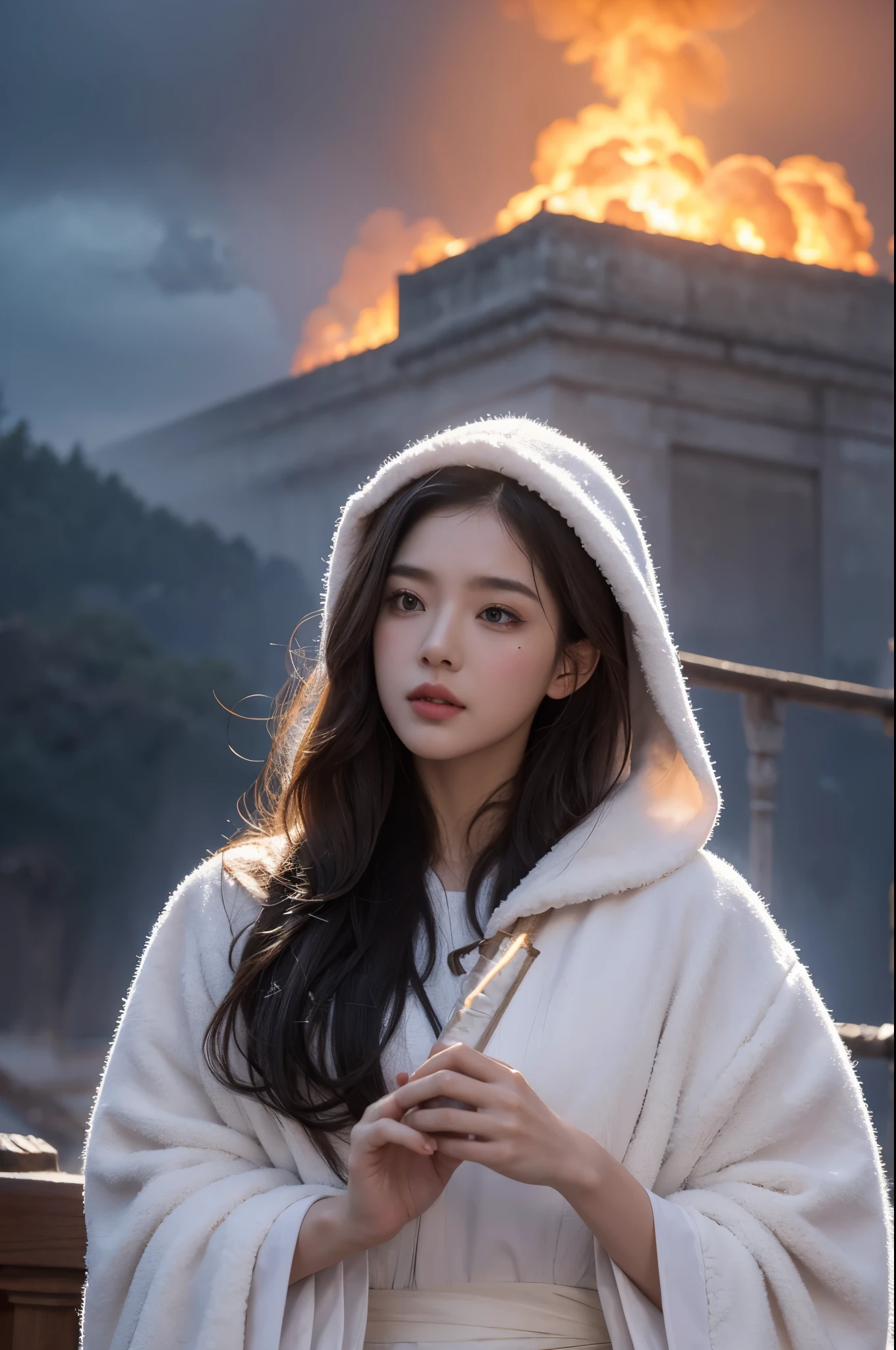 8k,Beautiful priestess wearing wizard robe,face and body made of ash clouds and burning rain clouds, Mark Mann (Mark Mann) Great for thermal photography, ample, albrecht durer, ample, soft wet color, intricately details, fiery, smokes, The beautiful, Cloudy, Fluffy, static charge, sacrum portrait, Artistic masterpieces from leaders in real-time engineering