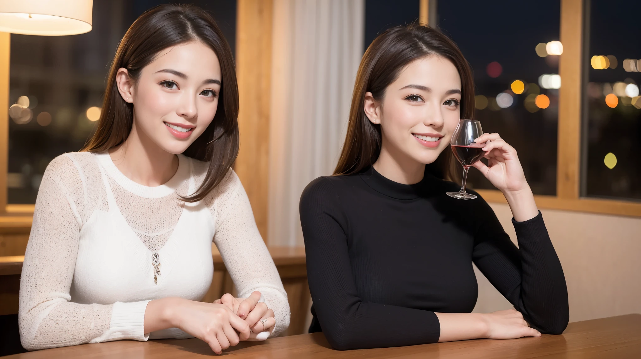 (including 64k, nffsw, highest quality, table top: 1.2), (realistic, photorealistic: 1.37),Spectacular view、amazing sunset view、 long sleeve shirt、winter fashion、Columbia、Brazilian、Japanese、Dutch、German、Portuguese、Belgian、Italian、French,Champagne、sparkling wine、 (slimフェイス), (slimボティ), (brown hair), (shortcut), neat beauty、cheeks turn a little red, (35 years old), 38 years old, alone, 窓の外には美しく緻密なnight景が広がります., restaurant, wine glassが座っている, nightに, in a prominent place (from the Upper body) nova frog style, actress, model, Upper body, White wine, slim, wine glass, Super Clean night View, wine glass Put in the Middle, Happy smile, (smile: 1.15), beautiful and detailed eyes, Upper body, bust japan up, night, short, short, actress, model, Upper body, White wine, slim, wine glass, Super Clean night View, wine glass Put in the Middle, Happy smile,
