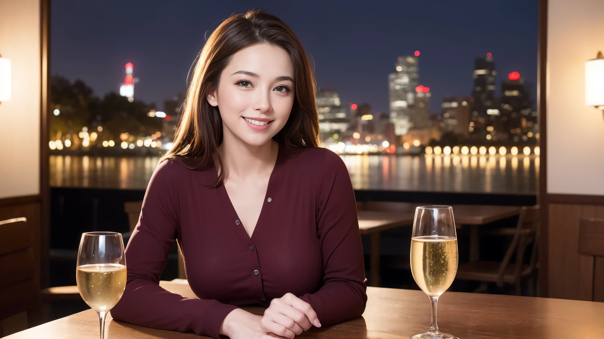 (including 64k, nffsw, highest quality, table top: 1.2), (realistic, photorealistic: 1.37),Spectacular view、amazing sunset view、 long sleeve shirt、winter fashion、Columbia、Brazilian、Japanese、Dutch、German、Portuguese、Belgian、Italian、French,Champagne、sparkling wine、 (slimフェイス), (slimボティ), (brown hair), (shortcut), neat beauty、cheeks turn a little red, (35 years old), 38 years old, alone, 窓の外には美しく緻密なnight景が広がります., restaurant, wine glassが座っている, nightに, in a prominent place (from the Upper body) nova frog style, actress, model, Upper body, White wine, slim, wine glass, Super Clean night View, wine glass Put in the Middle, Happy smile, (smile: 1.15), beautiful and detailed eyes, Upper body, bust japan up, night, short, short, actress, model, Upper body, White wine, slim, wine glass, Super Clean night View, wine glass Put in the Middle, Happy smile,