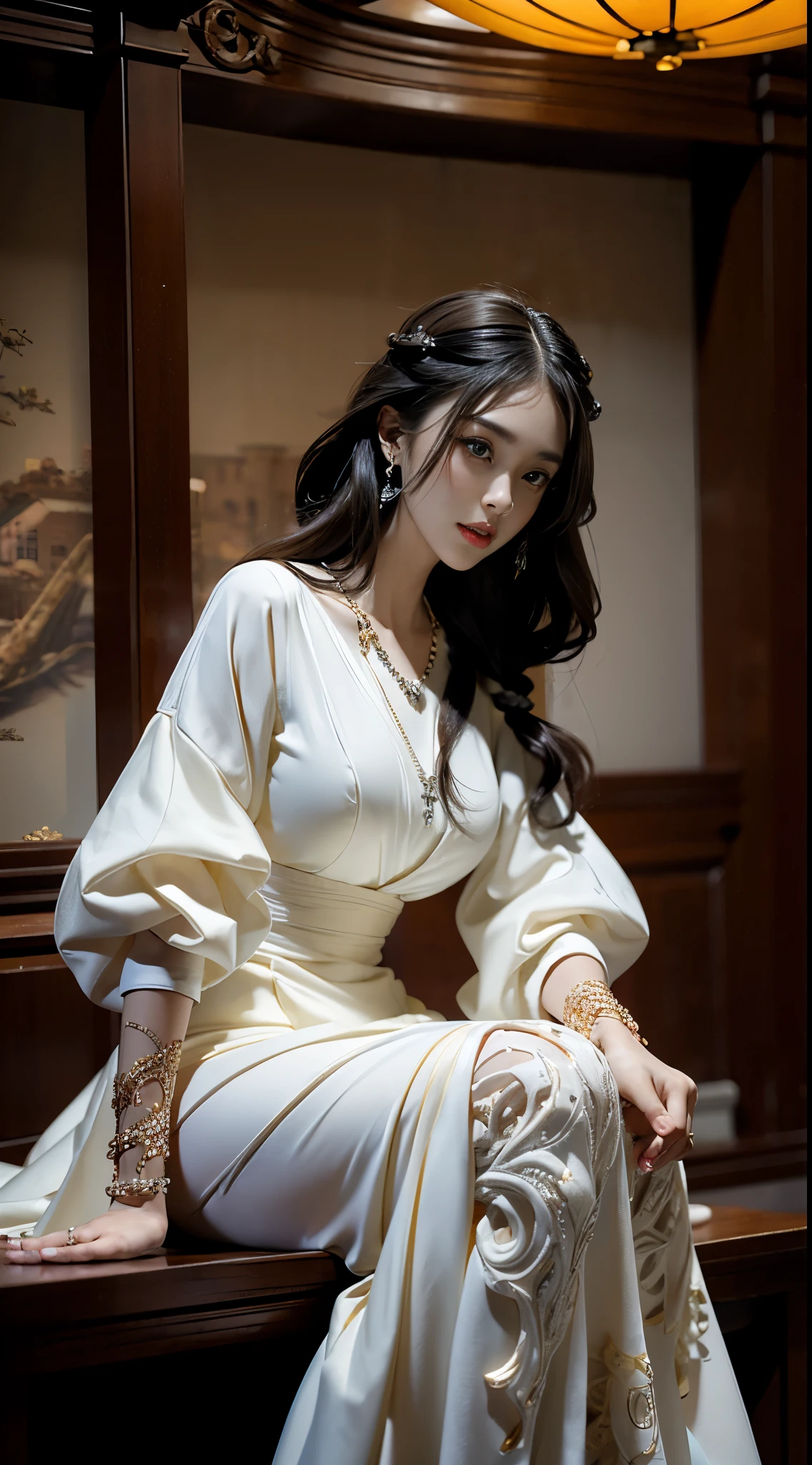 elaborate Hanfu,((Shot from random angles)), ((sitting position)), ((in the classroom, sitting on the podium)), (Yushuxin,1 girl,alone), clear face, pretty face, 8k, masterpiece, original photo, best quality, detail:1.2,lifelike, detail, Very detailed, CG, Unite, wallpaper, depth of field, movie light, lens flare, Ray tracing, (extremely beautiful face, beautiful lips, beautiful eyes), complex, detail的脸, ((ultra detailed skin)), 1 girl, in the darkness, deep shadow, beautiful girl, pop idol,(Very slim figure:1.3), plump breasts, big breasts, Slender sexy legs, very nice legs, elegant posture, (bright smile), (City night, (neon lights), (night), beautiful girl, white diamond earrings, diameter bracelet, Dia Necklace, clear eyes, (big eyes)