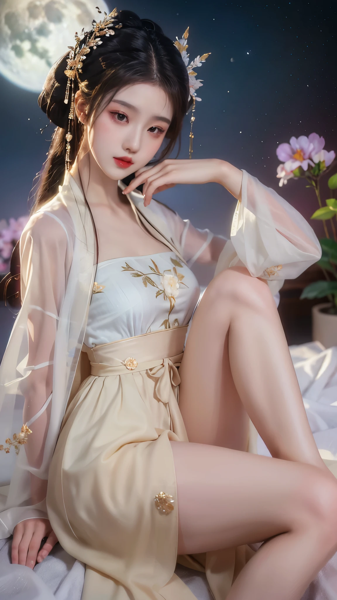 ((knee shot)), red lips, a mature woman, Exquisite makeup, national style, lifelike、real picture、((realistically:1.5))、White phalaenopsis around hair，Lilac dendrobium、White Lily、1 girl、brown hair、flowing hair、plump breasts, slim body, Slender sexy legs, Charming legs, strike an elegant pose, Have extremely beautiful facial features、hairpins on head、perfect hands、(night、moon、cliff)、 vector art、Chinese contemporary art、soft light、look down