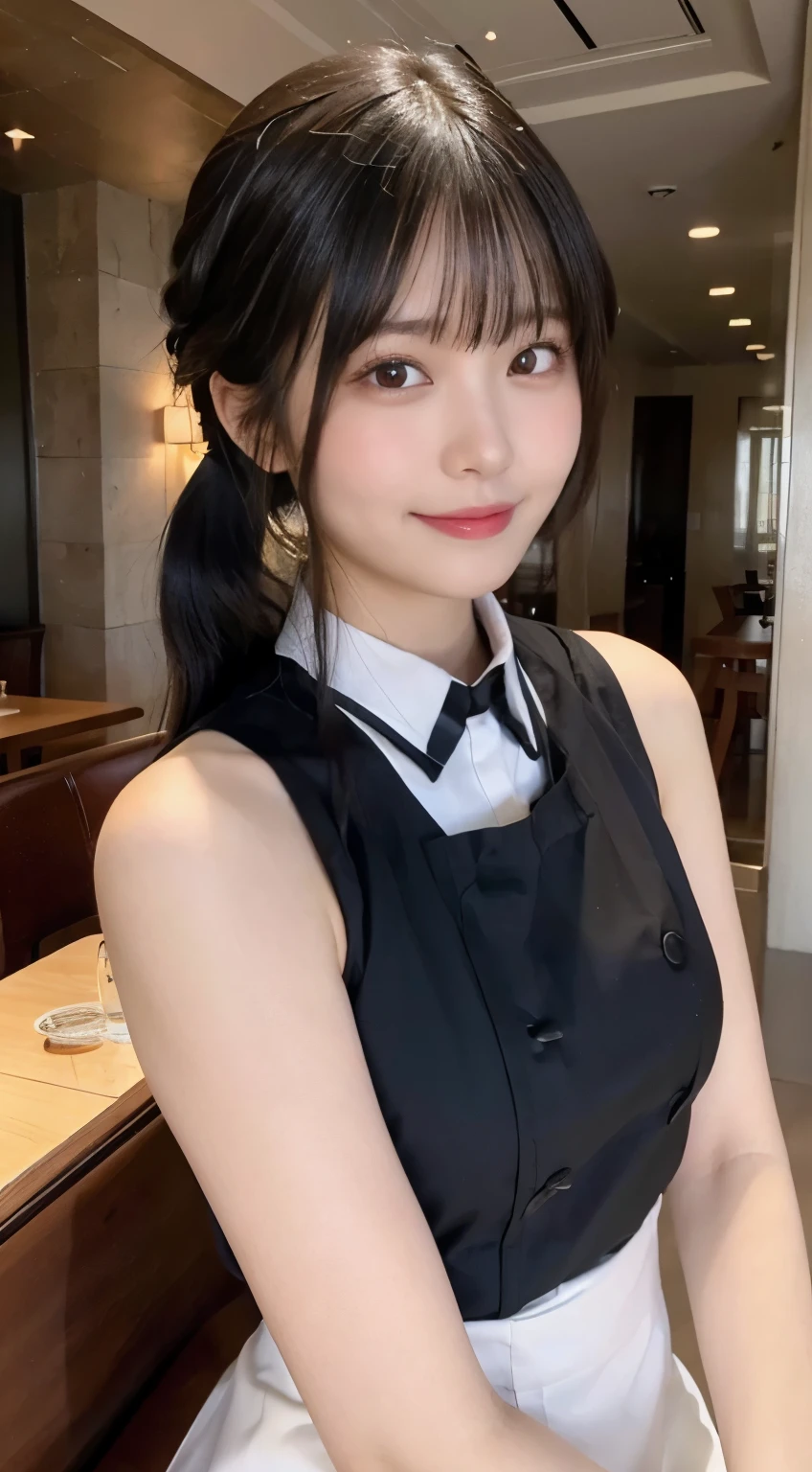 (highest quality,masterpiece:1.3,ultra high resolution,),(Super detailed,caustics),(Photoreal:1.4,RAW shooting,)ultra-realistic capture,very detailed,High resolution 16K human skin close-up。 natural skin texture、,The pores are、、、Must be detailed enough to be easily identified。 Skin should look even-toned and healthy。 Use natural light and color,restaurant,waitress uniform,1 girl,Japanese,18-year-old,cute,black haired,ponytail,big breasts,smile,turn your body forward,(Front view:1.1),look at the camera,cowboy shot,