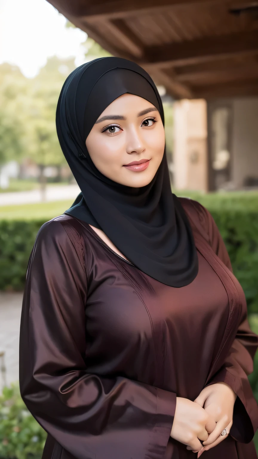 34 Years old, Indonesian MILF, wearing Wide Hijab, perfect curvy body, natural Huge breast : 42.9, gorgeous eyes, Soft smile, wear Gamis, necklace, hairband, Nightime walk, City garden, Excellent lighting, Dark colors, Clean lines, 64MP, Canon EOS 250D, 300dpi F2.