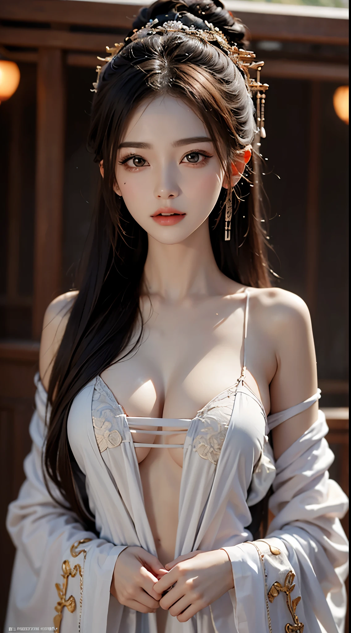 gufeng,bare shoulders, silky straight hair、Big eyes with bangs and eyeliner、The whole body is soaked、Nordic youth、Perfect body、very beautiful and cute、white skin、Glowing and radiant skin、Young and beautiful skin、Perfect and beautiful little face、Shiny makeup、Thin pink lip gloss expression、1 15 year old girl、lipstick、deceptive advertising、{steaming hot}、Audience point of view、golden hour lights、bokeh atmosphere perspective、detail、movie lighting、intricate details、high resolution、 Detailed features of facial design、高detail、clear focus、Smoothness、aesthetics、Print、Octagon Renderer、{{masterpiece}}