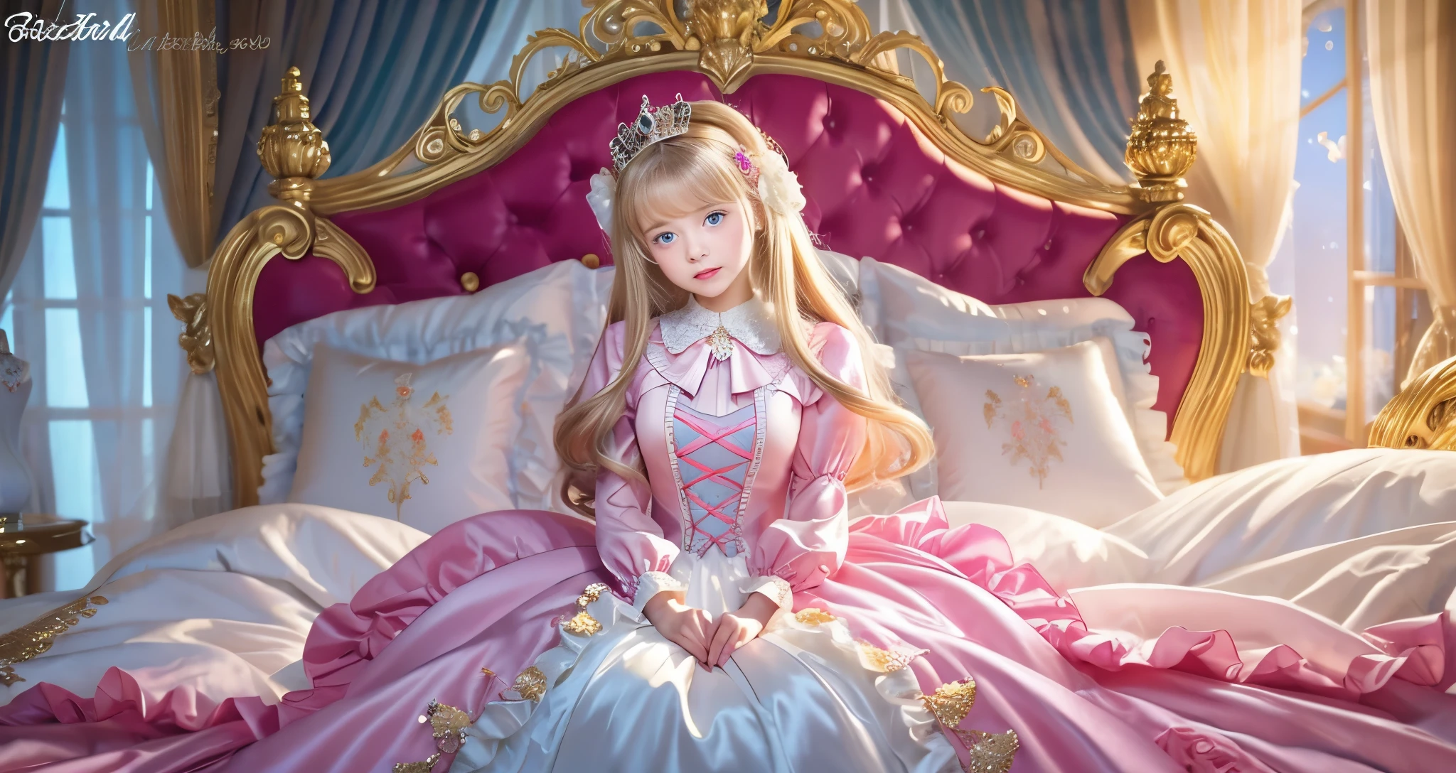 ,highest quality, masterpiece, highest resolution, artwork, super それにget used to it, many get used to it, get used to it, それにget used to it, 3K ultra-high resolution realistic photos,,(( When I )),Super detailed baby face,She isss,Full length ball gown dress with hoop skirt,ruffled yoke collar,puff sleeves,long sleeve,((Lolita style hot pink detailed princess satin dress、Comes with lots of frills and ribbons。)),colorful rococo fashion,shiny satin dress,Soft and smooth fabric,luxury,long blonde hair,blue eyes,white skin european,pajamas,((inside the palace)),,,(( When I was 10 years old)),Super ce,Full length ball gown dress witirt,long skirt,ruffled yoke collar,puff sleeves,腰まで伸びるlong blonde hair,blue eyes,white skin european,pajamas,((inside the palace bedroom)),ピンクのシルクサテンのluxuryなcanopy bedの上,canopy bed,luxurious curtains under the canopy,many frilly pillows on the bed,super detailed background,detailed bed,silk satin bed sheets,soft silk satin comforter,Soft silk satin ruffled pillow in pastel colors,little princess is sitting on the bed,large ball gown dress that completely covers the legs,legs are hidden in the dress,Don't put your feet out to the side,Beautiful girl illustration,detailed beautiful face detailed hair,detailed human eye ,detailed mouth, arm details,fine hands,Detailed pillow,Frilly pillows piled up behind the girl,