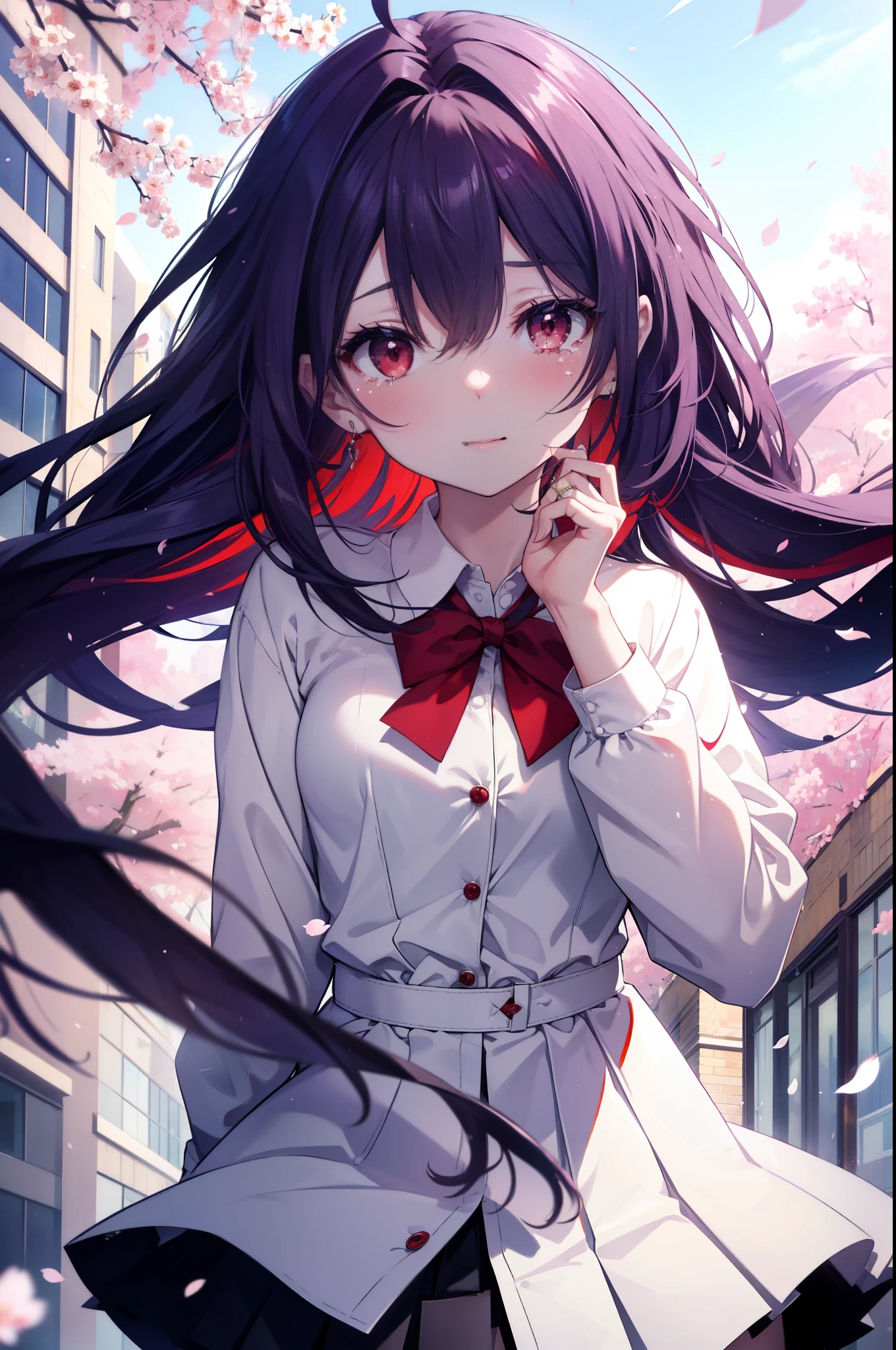 yuukikonno, Yuki Konno, hair band, long hair, pointed ears, purple hair, (red eyes:1.5), (small breasts:1.2), open your mouth,smile,blush,tilting the head,happy atmosphere,when she closes her eyes、big tears fall down her face.,tears of joy, high school uniform,white dress shirt,red ribbon,purple blazer,black pleated skirt,white pantyhose,brown loafers,school building,Cherry blossoms are scattered,student wearing school uniform,
break looking at viewer, Upper body, whole body,
break outdoors, School,school building,
break (masterpiece:1.2), highest quality, High resolution, unity 8k wallpaper, (figure:0.8), (detailed and beautiful eyes:1.6), highly detailed face, perfect lighting, Very detailed CG, (perfect hands, perfect anatomy),
