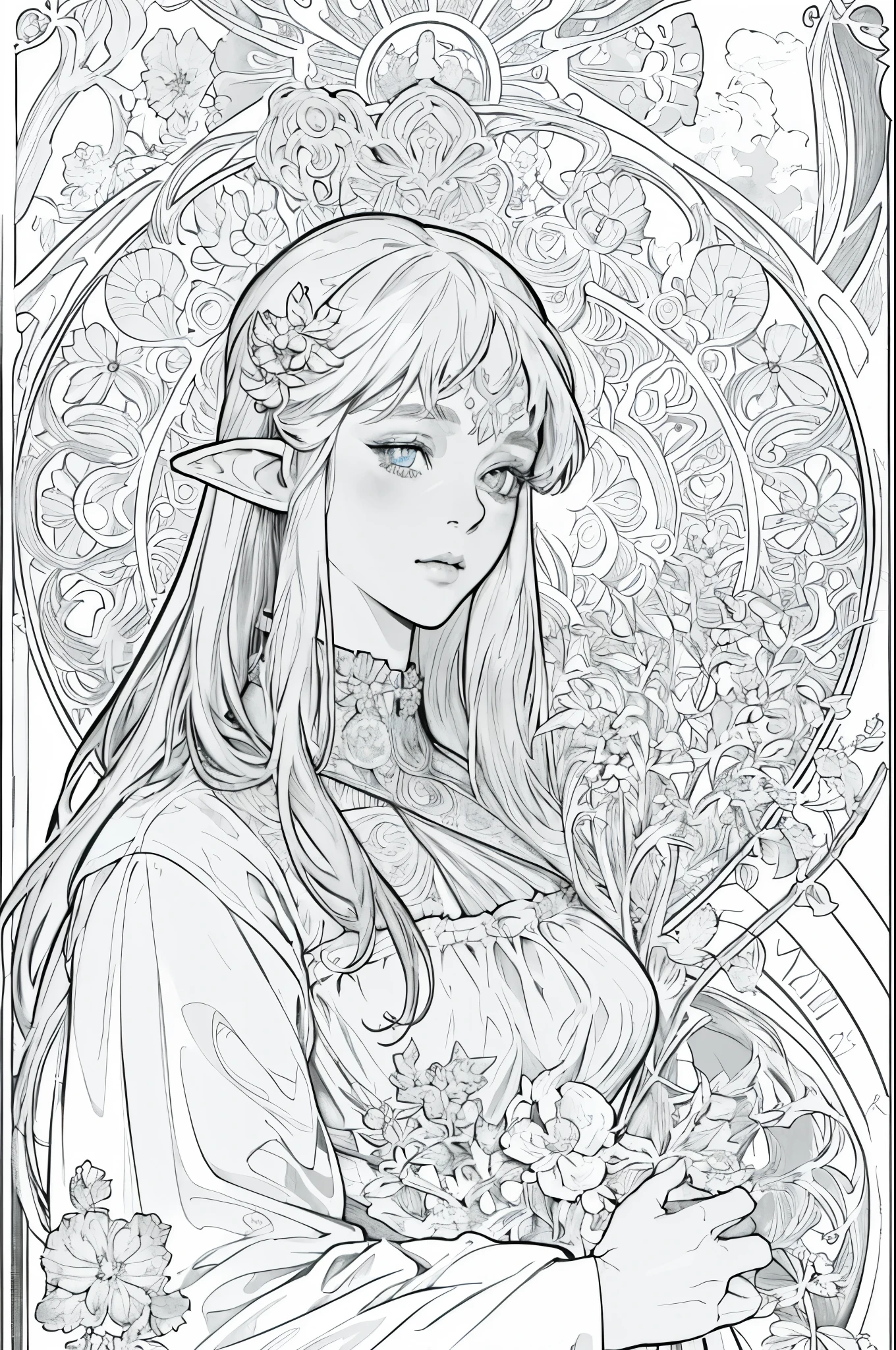 tarot cards, 1 elf girl,Portrait of the face of a European elf,shapeless long hair, shiny skin, detailed face, wearing a patterned robe, Sumeru,cloud, moon,((tarot cardsのレイアウト)),highest quality, masterpiece, (realistic:0.6), realistic lighting,flower frame, decorative panel, abstract artistic, (Alphonse Mucha) (master piece, best quality, 8k, very detailed, intricate details, 4k,Cerulean, line drawing, fibonacci.