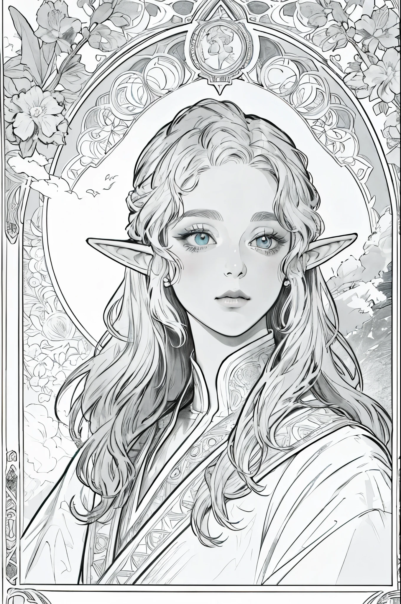 tarot cards, 1 elf girl，Portrait of the face of a European elf，shapeless long hair, shiny skin, detailed face, wearing a patterned robe， Sumeru，cloud, moon，((tarot cardsのレイアウト))，highest quality, masterpiece, (realistic:0.6), realistic lighting,flower frame， decorative panel， abstract artistic， (Alphonse Mucha) （master piece， best quality, 8k, very detailed， intricate details， 4k，Cerulean， line drawing， fibonacci.