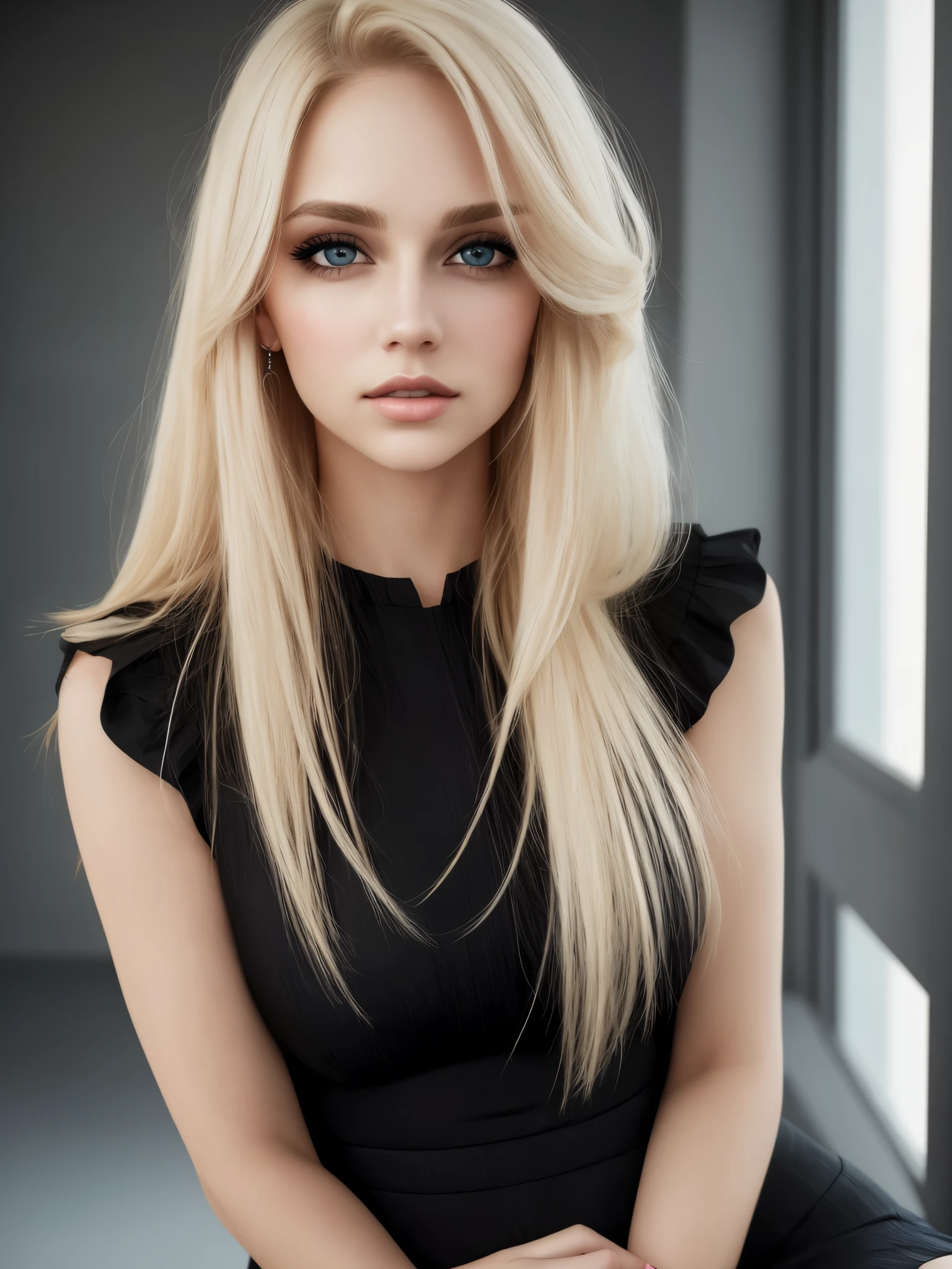 Aesthetic artwork, a woman, blonde hair, black eyes, straight hair, flushed cheeks, full lips, mischievous gaze, pale light skin, short black dress, sexy,