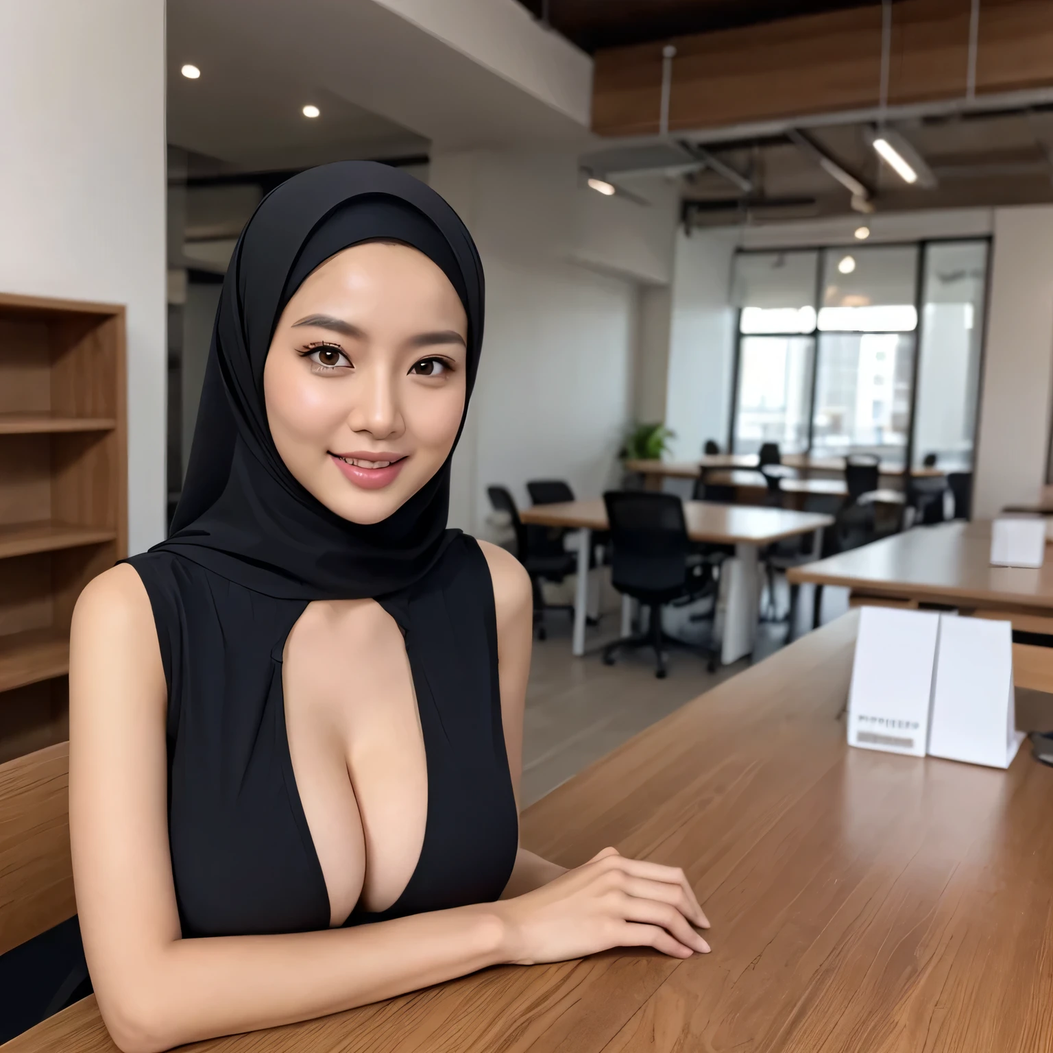 30-Years-Old,Female Store owner, Hijab Beautiful Indonesian Mature Woman, Wearing Gamis, White Skin Like Porcelain, Realistic Ultra Gigantic Breast : 26.9,realistic hot body, PP cup Breast, Seducting Look, Her bra Through, Lustful smiling, squatting on top her office table.