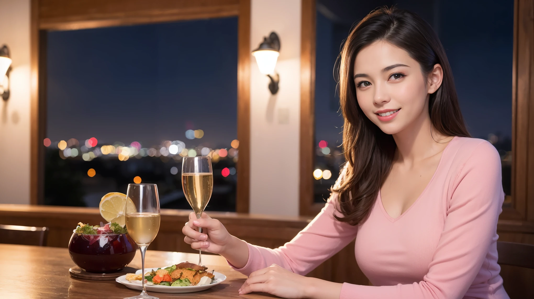 (including 64k, nffsw, highest quality, table top: 1.2), (realistic, photorealistic: 1.37),best scenery、Spectacular sunset view、 long sleeve shirt、winter fashion、Columbia、Brazilian、Japanese、Dutch、German、Portuguese、Belgian、Italian、French,Champagne、sparkling wine、 (slimフェイス), (slimボティ), (brown hair), (shortcut), neat beauty、cheeks turn a little red, (35 years old), 38 years old, alone, 窓の外には美しく緻密なnight景が広がります., restaurant, wine glassが座っている, nightに, in a prominent place (from the Upper body) nova frog style, actress, model, Upper body, White wine, slim, wine glass, Super Clean night View, wine glass Put in the Middle, Happy smile, (smile: 1.15), beautiful and detailed eyes, Upper body, bust japan up, night, short, short, actress, model, Upper body, White wine, slim, wine glass, Super Clean night View, wine glass Put in the Middle, Happy smile,