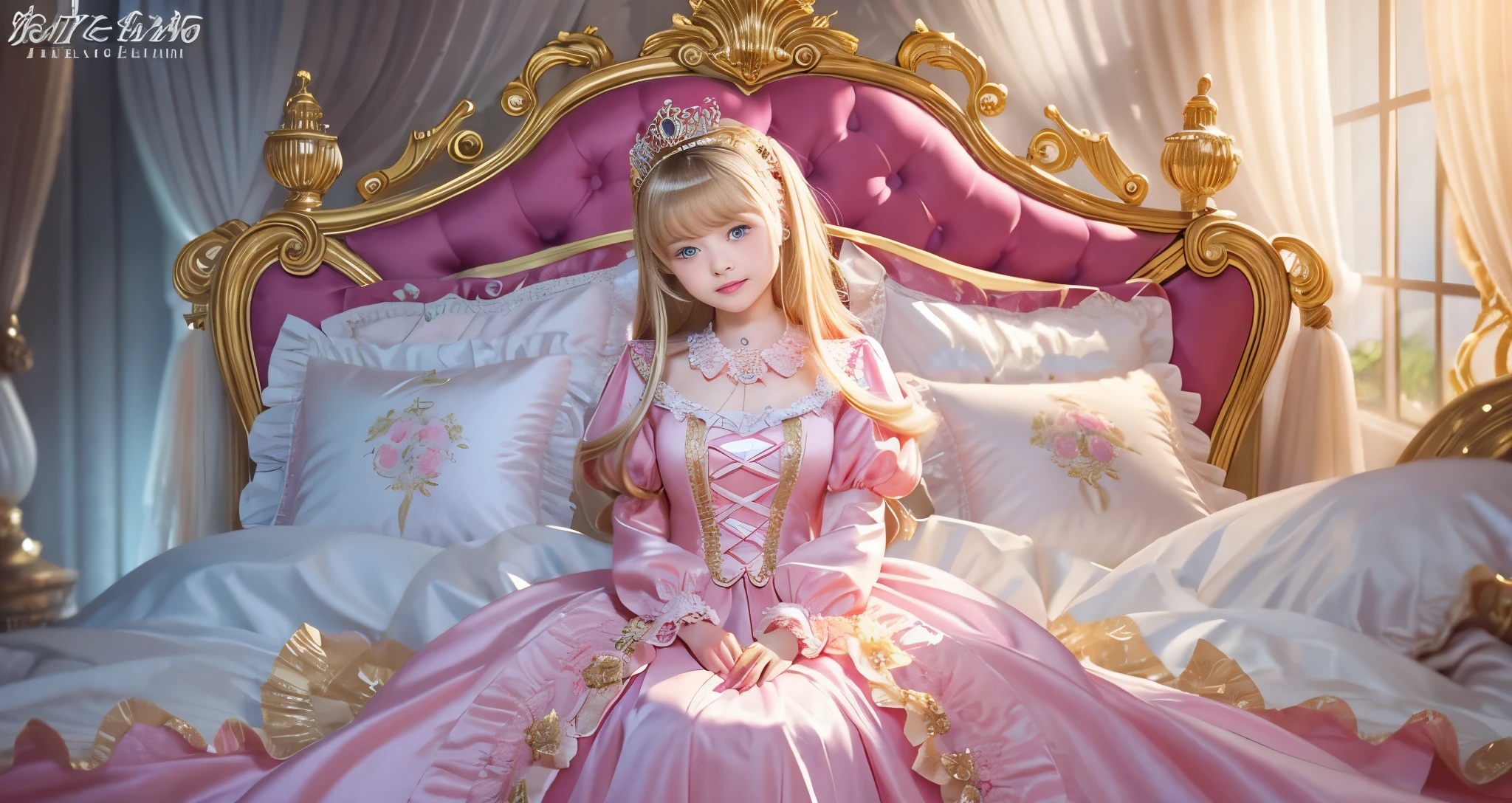 ,highest quality, masterpiece, highest resolution, artwork, super それにget used to it, many get used to it, get used to it, それにget used to it, 3K ultra-high resolution realistic photos,,(( When I was 10 years old)),Super detailed baby face,She is a princess,Full length ball gown dress with hoop skirt,ruffled yoke collar,puff sleeves,long sleeve,((Lolita style hot pink detailed princess satin dress、Comes with lots of frills and ribbons。)),colorful rococo fashion,shiny satin dress,Soft and smooth fabric,luxury,long blonde hair,blue eyes,white skin european,pajamas,((inside the palace)),,,(( When I was 10 years old)),Super detailed baby face,Full length ball gown dress with hoop skirt,long skirt,ruffled yoke collar,puff sleeves,腰まで伸びるlong blonde hair,blue eyes,white skin european,pajamas,((inside the palace bedroom)),ピンクのシルクサテンのluxuryなcanopy bedの上,canopy bed,luxurious curtains under the canopy,many frilly pillows on the bed,super detailed background,detailed bed,silk satin bed sheets,soft silk satin comforter,Soft silk satin ruffled pillow in pastel colors,little princess is sitting on the bed,large ball gown dress that completely covers the legs,legs are hidden in the dress,Don&#39;t put your feet out to the side,Beautiful girl illustration,detailed beautiful face detailed hair,detailed human eye ,detailed mouth, arm details,fine hands,Detailed pillow,Frilly pillows piled up behind the girl,