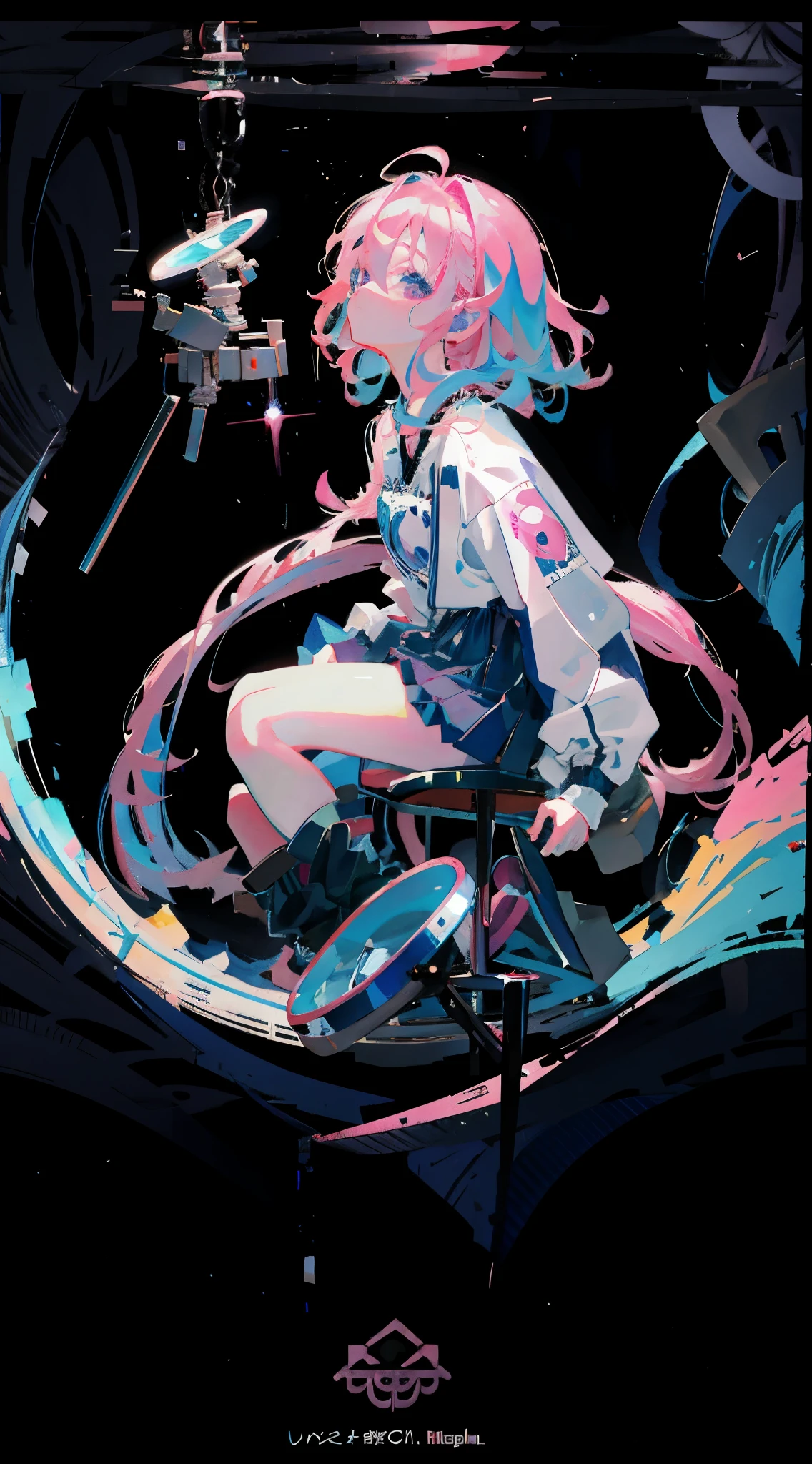 Anime girl with pink hair sitting in chair in dark room, best anime 4k konachan wallpapers, anime art wallpaper 8k, anime art wallpaper 4k, Anime Art Wallpaper 4k, Anime style 4K, Anime style digital art, anime abstract art, A beautiful artistic illustration, Beautiful anime artwork, fleet collection style, anime illustration,nice hands