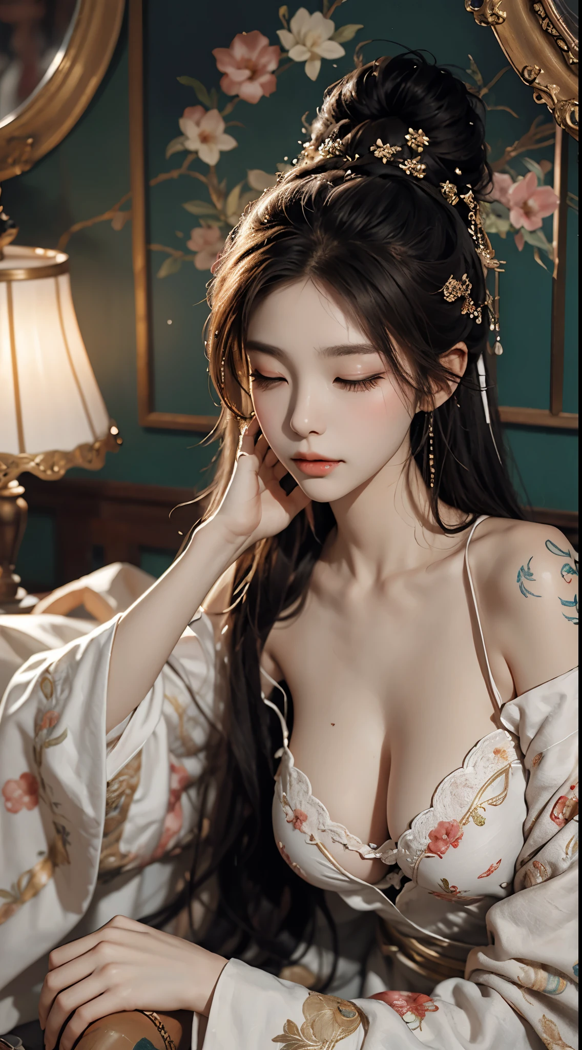 gufeng,bare shoulders, sleeping Beauty, by Bella, whole body, Beautiful girl sleeping, Room with mirror, Girl sleeps on bed and sheets, Old clock and lamp on table, whole body, black hair, Mandala and flower tattoo, best quality, masterpiece, illustration, very delicate and beautiful, Very detailed, CG, unit, 8K wallpaper, Ridiculous, File size is huge, very wide lens, soft light,sleeping Beauty, by Bella, whole body, Beautiful girl sleeping, whole body, black hair, faint smile,