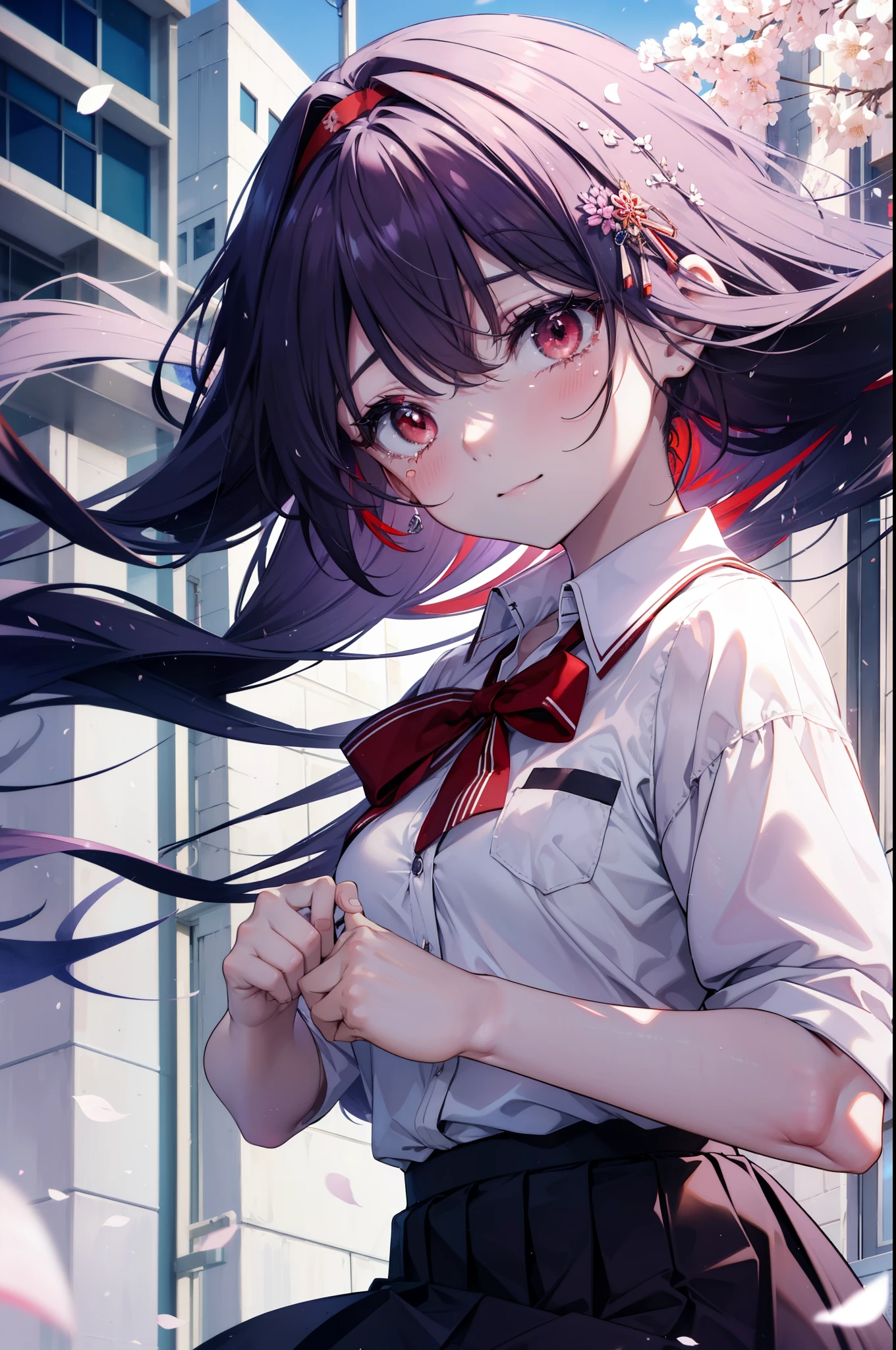 yuukikonno, Yuki Konno, hair band, long hair, pointed ears, purple hair, (red eyes:1.5), (small breasts:1.2), open your mouth,smile,blush,tilting the head,happy atmosphere,when she closes her eyes、big tears fall down her face.,tears of joy, high school uniform,white dress shirt,red ribbon,purple blazer,black pleated skirt,white pantyhose,brown loafers,school building,Cherry blossoms are scattered,Crowd of students wearing school uniforms,
break looking at viewer, Upper body, whole body,
break outdoors, School,school building,
break (masterpiece:1.2), highest quality, High resolution, unity 8k wallpaper, (figure:0.8), (detailed and beautiful eyes:1.6), highly detailed face, perfect lighting, Very detailed CG, (perfect hands, perfect ???????),