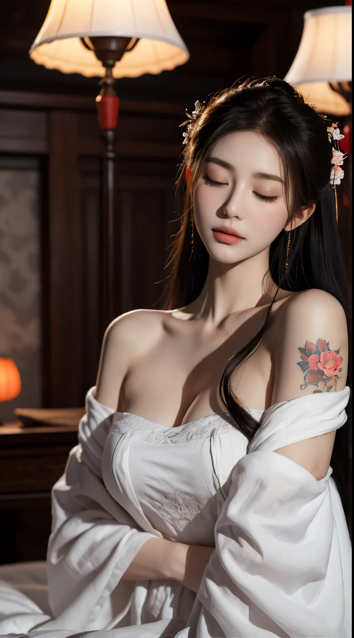 gufeng,bare shoulders, sleeping Beauty, by Bella, whole body, Beautiful girl sleeping, Room with mirror, Girl sleeps on bed and sheets, Old clock and lamp on table, whole body, black hair, Mandala and flower tattoo, best quality, masterpiece, illustration, very delicate and beautiful, Very detailed, CG, unit, 8K wallpaper, Ridiculous, File size is huge, very wide lens, soft light,sleeping Beauty, by Bella, whole body, Beautiful girl sleeping, whole body, black hair, faint smile,