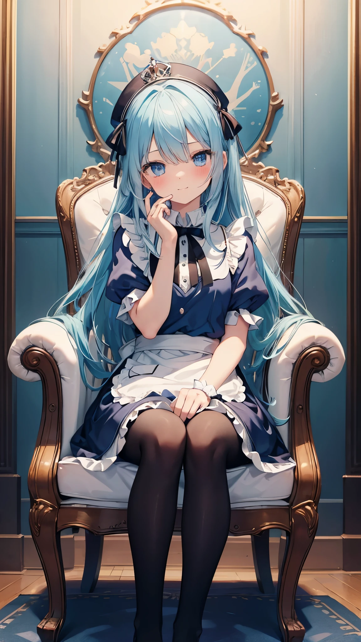 1 girl, alone, long hair, blue eyes, blonde hair, crown, sitting, pantyhose, dress, bow, card, apron, hair band, playing card, looking at the viewer, short sleeve, hair bow, blue hair band, smile, blush, put your hand on your face, blue dress, Alice (Alice in wonderland), hair between eyes, Chair, black pantyhose, blue bow, throne, plump sleeves, put your hand on your cheek, bangs, puffy short sleeve, ribbon, very long hair, mini crown, My feet stick out from the frame, frills, white apron, :q, masterpiece, highest quality,