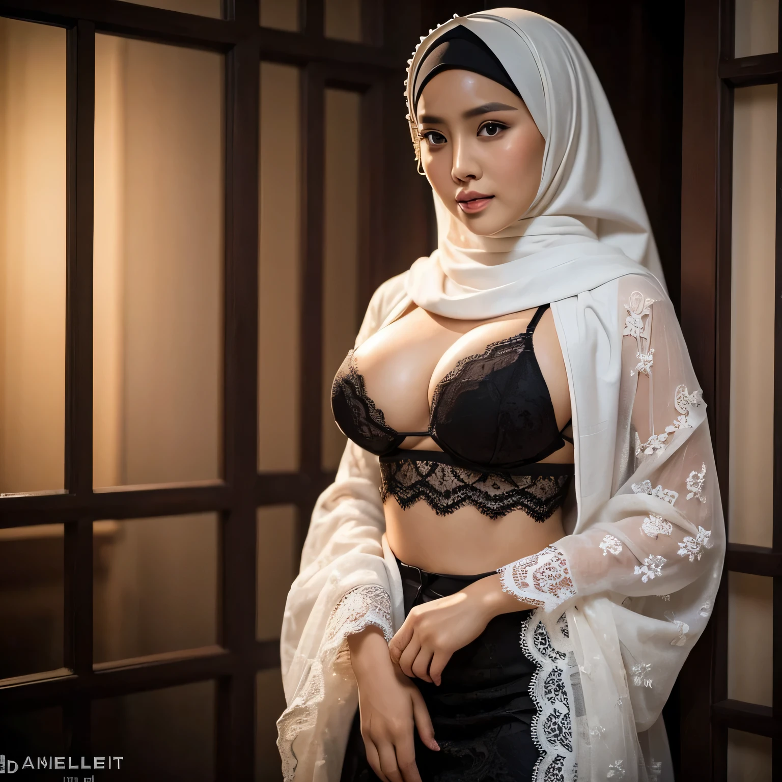 28 years Old, Hijab Indonesian mature woman, Extra Large Tits : 96.9, Lace Gamis, Slim body, Breast about To burst out, at doctor office, Dark light, at Nighttime