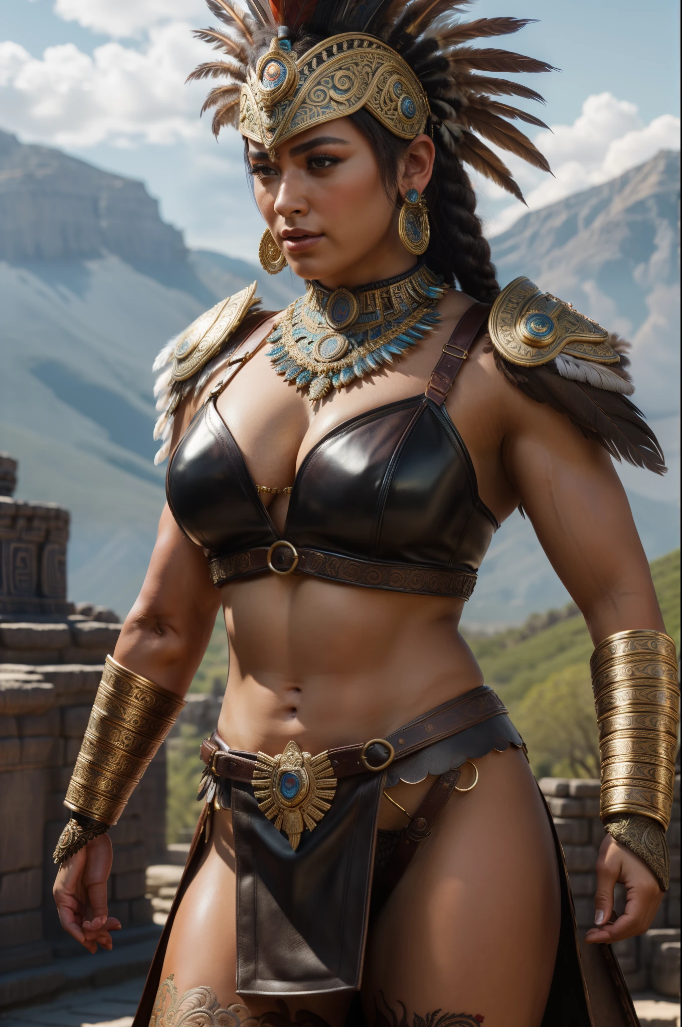 close up, photorealistic, (masterpiece:1.3), (best quality:1.3), beautiful, (intricate details), unity 8k wallpaper, ultra detailed, beautiful, aesthetic, perfect lighting, crowd around WestGark, very strong woman, (muscular:1.2), wearing leather plastron armor, wearing animal mask with feathers, wearing toga, hunting,  (aztec temple background:1.0),  (perfect hands:1.2),,