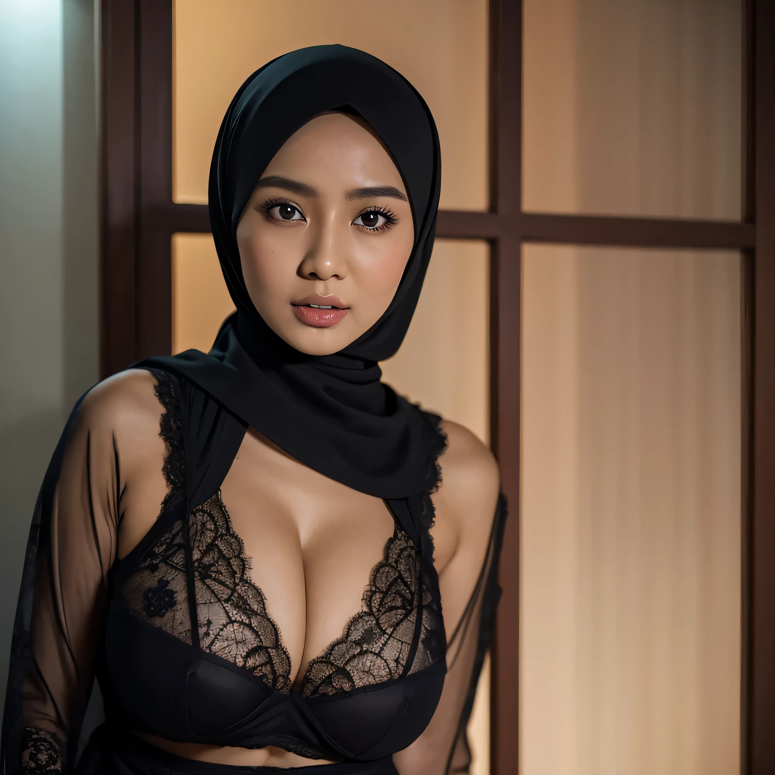 28 years Old, Hijab Indonesian mature woman, Extra Large Tits : 96.9, Lace Gamis, Slim body, Breast about To burst out, at doctor office, Dark light, at Nighttime