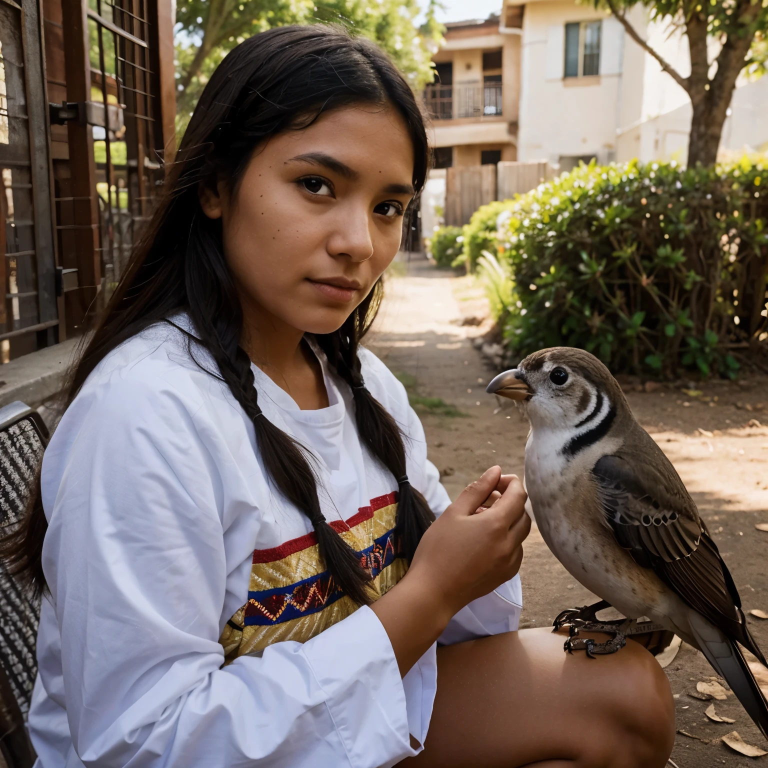 Indigenous girl, with a bird at her hand