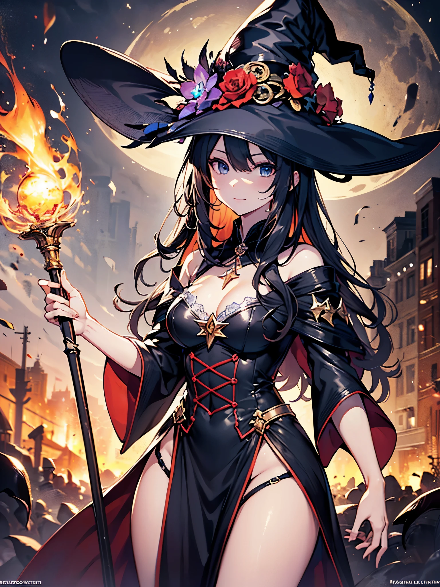 ((highest quality)),(ultra high resolution),(Super detailed),(detailed description),((best CG)),(best work of art),super precision art,amazing drawing art,(Fantasy art with precise details:1.5), (one witch:1.8),(beautiful and well-shaped face:1.6),(confident face:1.5),holy witch clothes:1.6,(Holy rod detailed and detailed:1.4),Accessories with an angel motif:1.5, Magic circle floating behind her:1.7