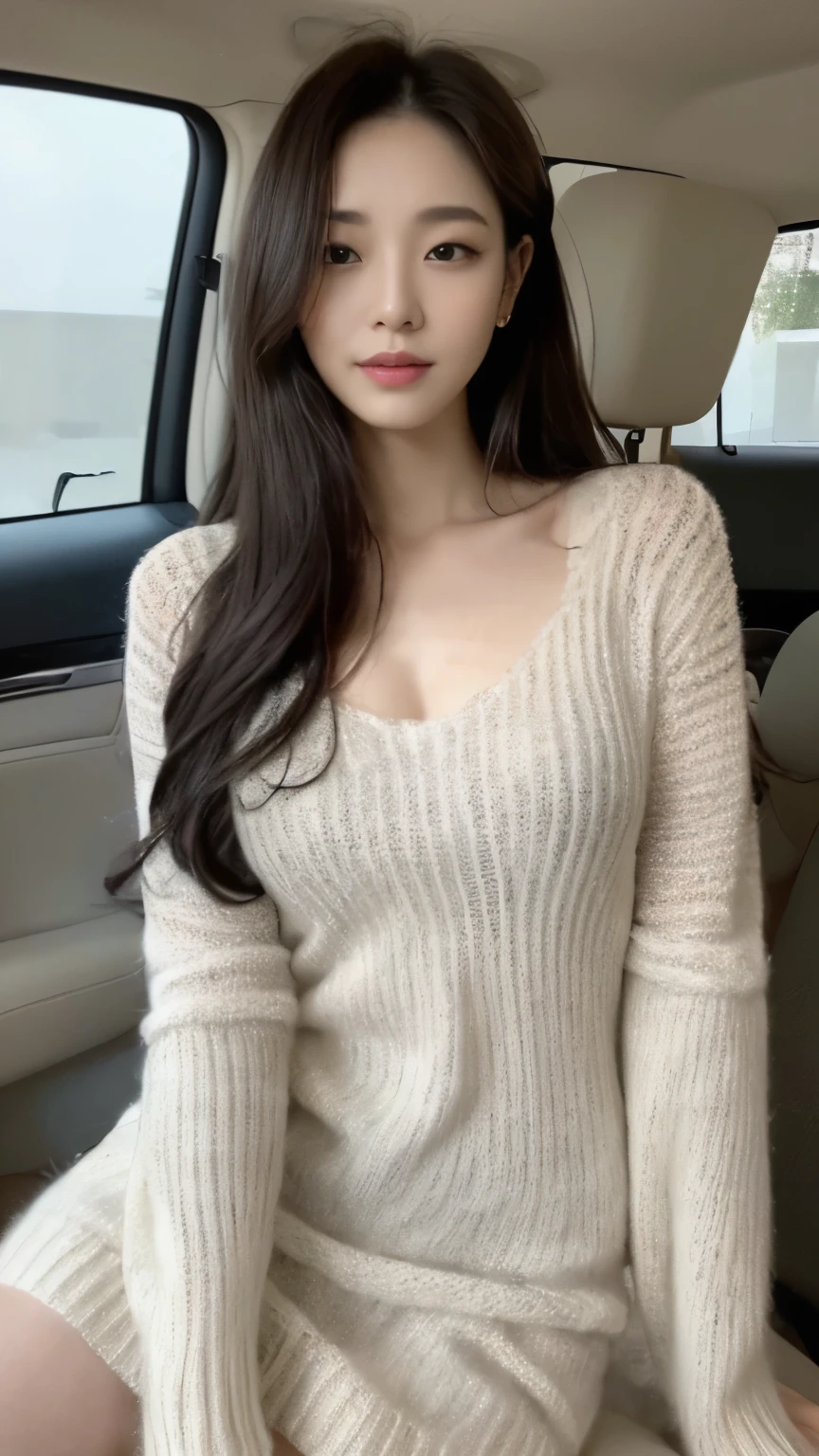 ((top-quality、8k、masterpiece:1.3))、Beautiful woman with perfect body:1.4、slim abdomen:1.2、Longhair, normal breast, Highly detailed facial and skin texture, A detailed eye, delicate eyes, double eyelid, (smile), (full body shot), ((in the car 1.1)), (sitting on car), (((wearing white sweater dress1.1 )), looking in front, (plain grey background)