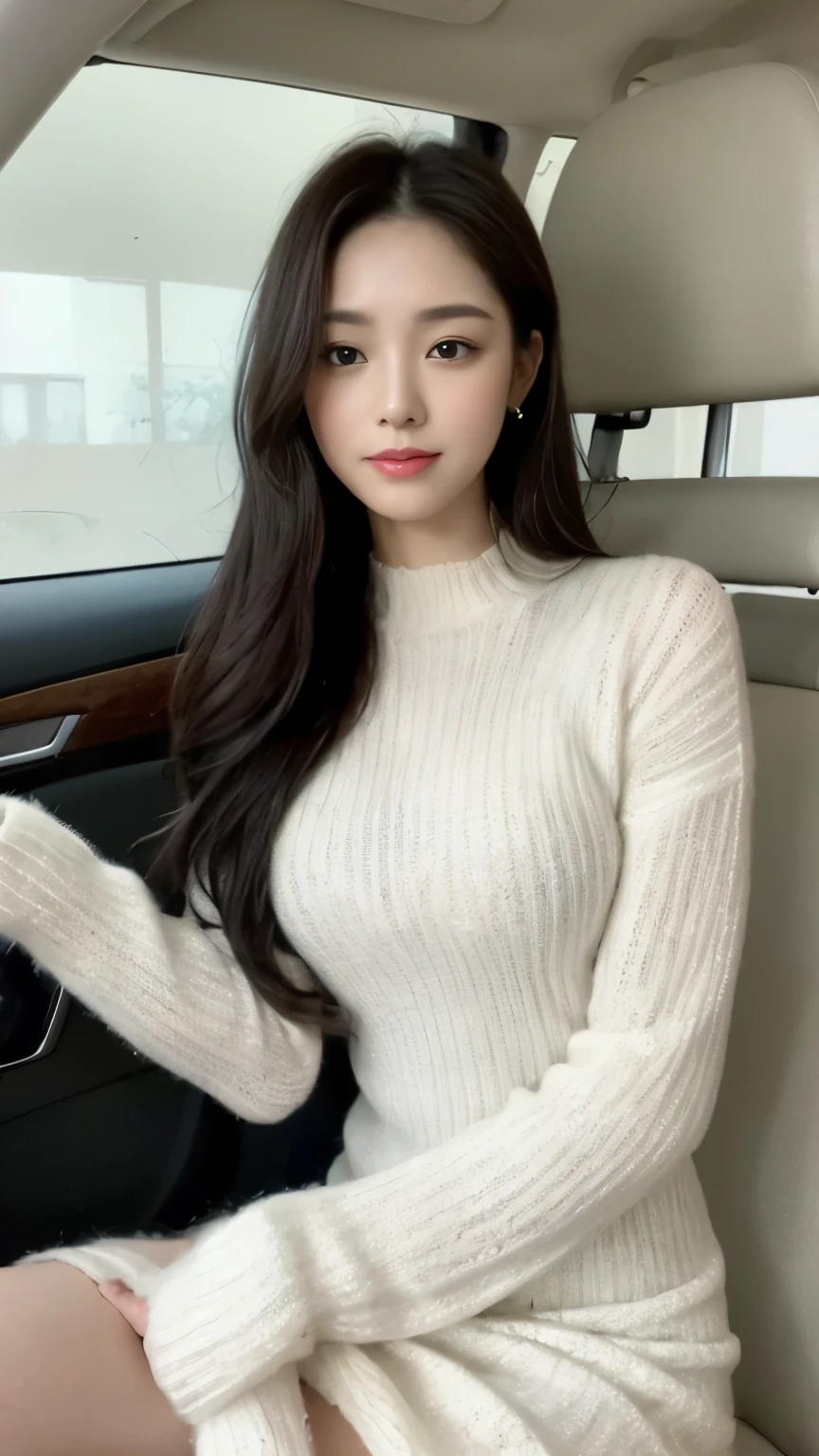 ((top-quality、8k、​masterpiece:1.3))、Beautiful woman with perfect body:1.4、slim abdomen:1.2、Longhair, normal breast, Highly detailed facial and skin texture, A detailed eye, delicate eyes, double eyelid, (smile), (full body shot), ((in the car 1.1)), (sitting on car), (((wearing white sweater dress1.1 )), looking in front, (plain grey background)