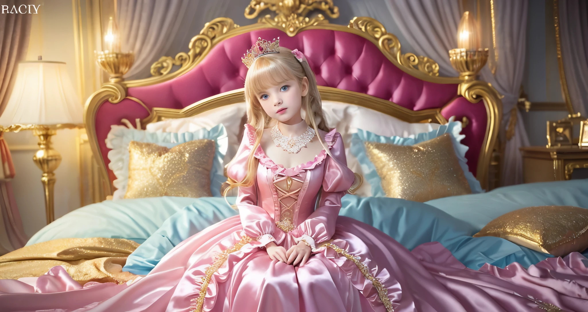 ,highest quality, masterpiece, highest resolution, artwork, super それにget used to it, many get used to it, get used to it, それにget used to it, 3K ultra-high resolution realistic photos,,(( When I )),Super detailed baby face,She isss,Full length ball gown dress with hoop skirt,ruffled yoke collar,puff sleeves,long sleeve,((Lolita style hot pink detailed princess satin dress、Comes with lots of frills and ribbons。)),colorful rococo fashion,shiny satin dress,Soft and smooth fabric,luxury,long blonde hair,blue eyes,white skin european,pajamas,((inside the palace)),,,(( When I was 10 years old)),Super ce,Full length ball gown dress witirt,long skirt,ruffled yoke collar,puff sleeves,腰まで伸びるlong blonde hair,blue eyes,white skin european,pajamas,((inside the palace bedroom)),ピンクのシルクサテンのluxuryなcanopy bedの上,canopy bed,luxurious curtains under the canopy,many frilly pillows on the bed,super detailed background,detailed bed,silk satin bed sheets,soft silk satin comforter,Soft silk satin ruffled pillow in pastel colors,little princess is sitting on the bed,large ball gown dress that completely covers the legs,legs are hidden in the dress,Don&#39;t put your feet out to the side,Beautiful girl illustration,detailed beautiful face detailed hair,detailed human eye ,detailed mouth, arm details,fine hands,Detailed pillow,Frilly pillows piled up behind the girl,