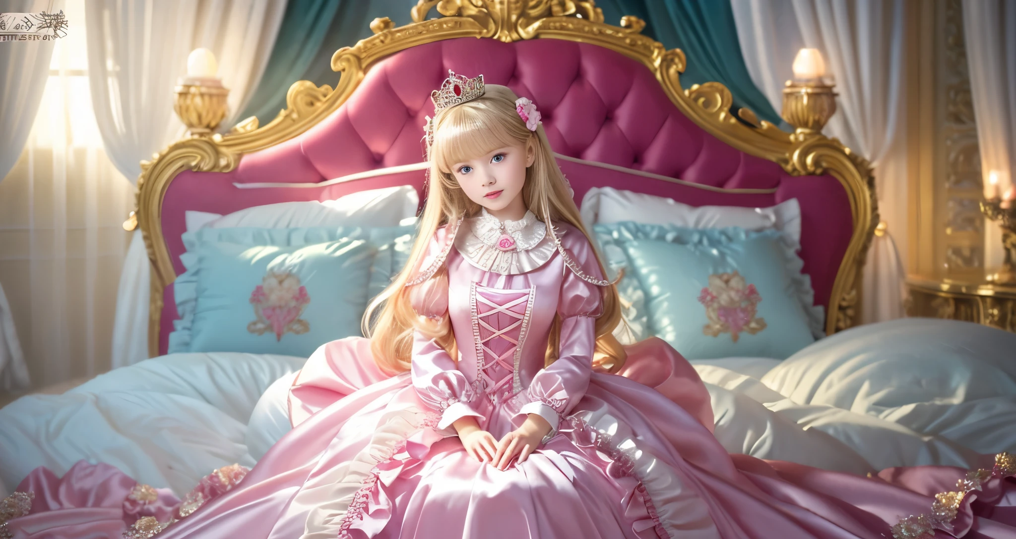 ,highest quality, masterpiece, highest resolution, artwork, super それにget used to it, many get used to it, get used to it, それにget used to it, 3K ultra-high resolution realistic photos,,(( When I )),Super detailed baby face,She isss,Full length ball gown dress with hoop skirt,ruffled yoke collar,puff sleeves,long sleeve,((Lolita style hot pink detailed princess satin dress、Comes with lots of frills and ribbons。)),colorful rococo fashion,shiny satin dress,Soft and smooth fabric,luxury,long blonde hair,blue eyes,white skin european,pajamas,((inside the palace)),,,(( When I was 10 years old)),Super ce,Full length ball gown dress witirt,long skirt,ruffled yoke collar,puff sleeves,腰まで伸びるlong blonde hair,blue eyes,white skin european,pajamas,((inside the palace bedroom)),ピンクのシルクサテンのluxuryなcanopy bedの上,canopy bed,luxurious curtains under the canopy,many frilly pillows on the bed,super detailed background,detailed bed,silk satin bed sheets,soft silk satin comforter,Soft silk satin ruffled pillow in pastel colors,little princess is sitting on the bed,large ball gown dress that completely covers the legs,legs are hidden in the dress,Don&#39;t put your feet out to the side,Beautiful girl illustration,detailed beautiful face detailed hair,detailed human eye ,detailed mouth, arm details,fine hands,Detailed pillow,Frilly pillows piled up behind the girl,