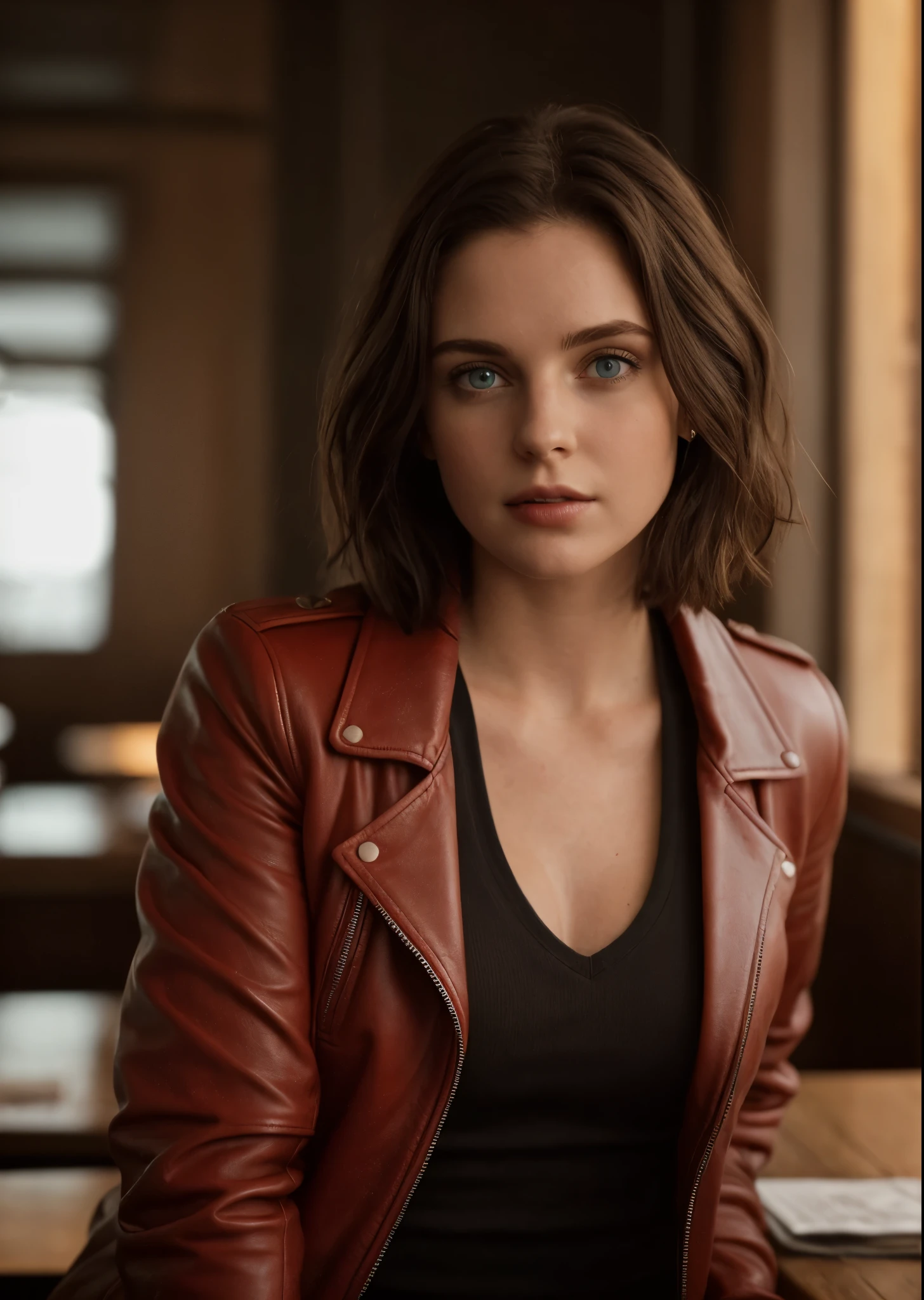 wearing a red dress and leather jacket:1.2, Looking at Viewer, full body view, Cinematic lighting, Perfect, softlight, High resolution skin:1.2, Realistic skin texture, 24 years old woman、a small face、no-makeup,Bust B Cup, no cleavage show, Blue eyes, short hair, dark brown hair、athletic body, at a restaurant , defined eyes
