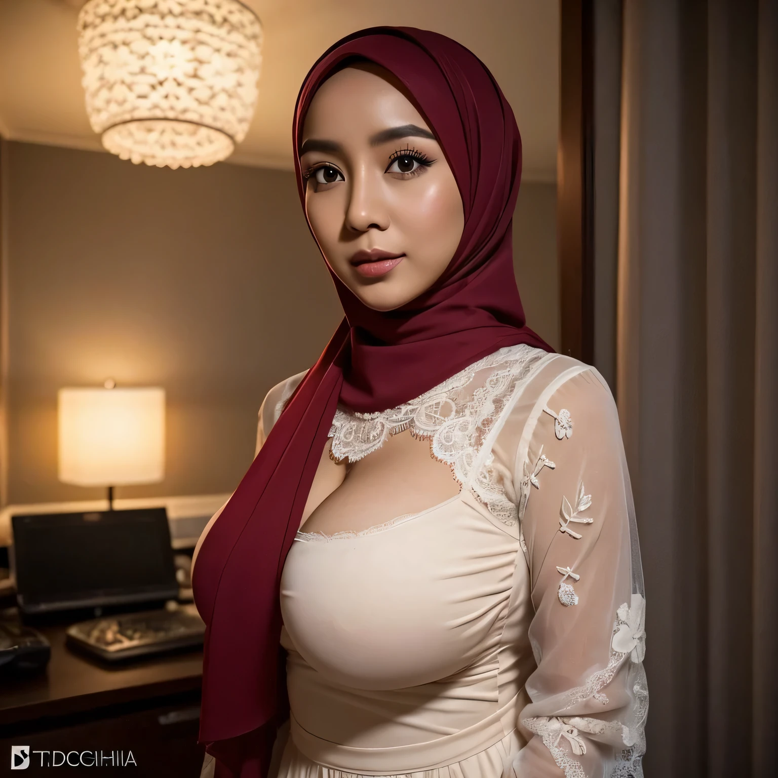 28 years Old, Hijab Indonesian mature woman, Extra Large Tits : 96.9, Lace Gamis, Slim body, Breast about To burst out, at doctor office, Dark light, at Nighttime
