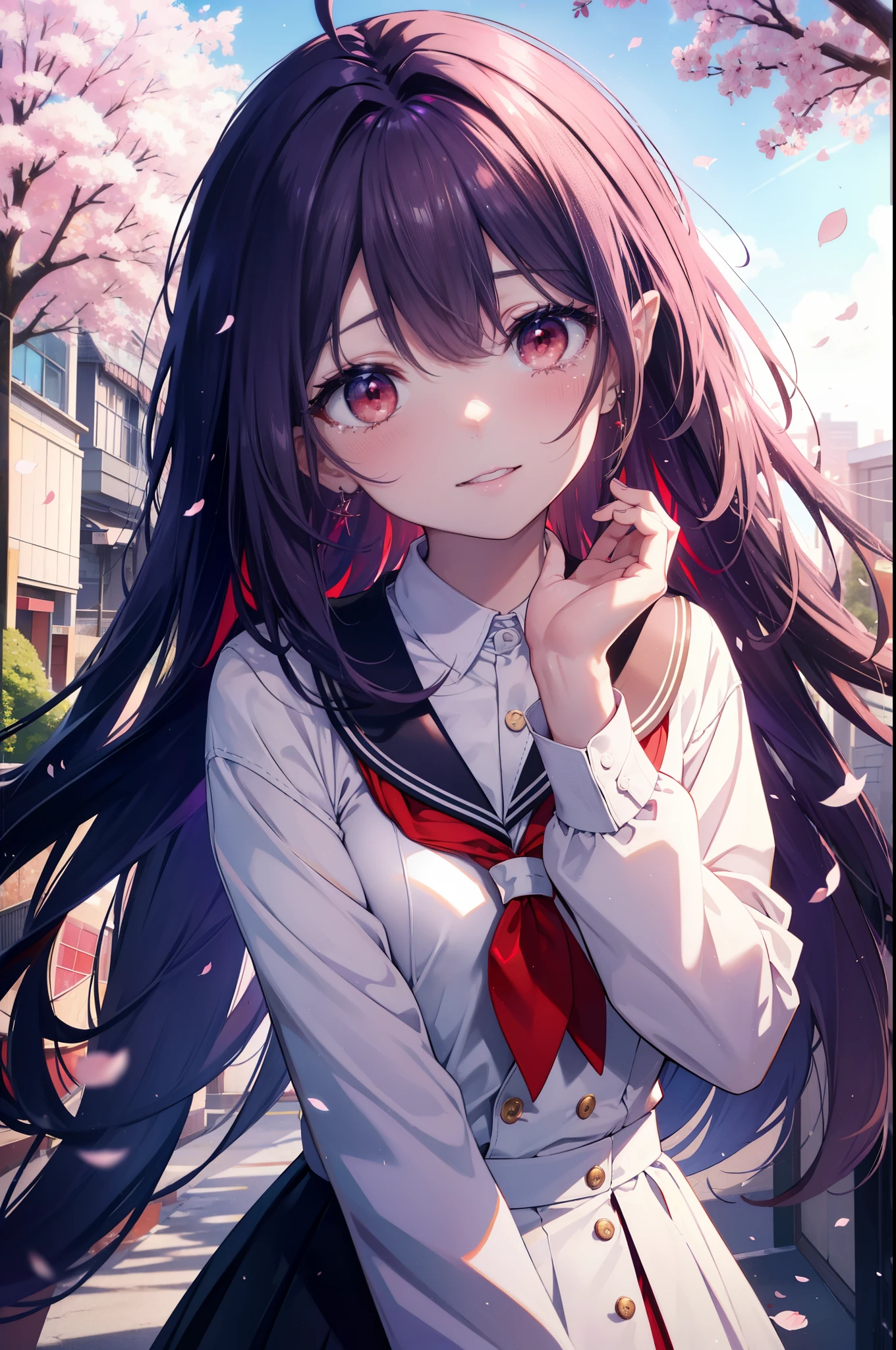 yuukikonno, Yuki Konno, hair band, long hair, pointed ears, purple hair, (red eyes:1.5), (small breasts:1.2), open your mouth,smile,blush,graduation ceremony,tilting the head,happy atmosphere,Big tears fall down her face.,tears of joy, high school uniform,white dress shirt,red ribbon,purple blazer,black pleated skirt,white pantyhose,brown loafers,school building,Cherry blossoms are scattered,Cherry blossom tree-lined path,Crowd of students wearing school uniforms,ピンク色の景色
break looking at viewer, Upper body, whole body,
break outdoors, School,school building,
break (masterpiece:1.2), highest quality, High resolution, unity 8k wallpaper, (figure:0.8), (detailed and beautiful eyes:1.6), highly detailed face, perfect lighting, Very detailed CG, (perfect hands, perfect anatomy),