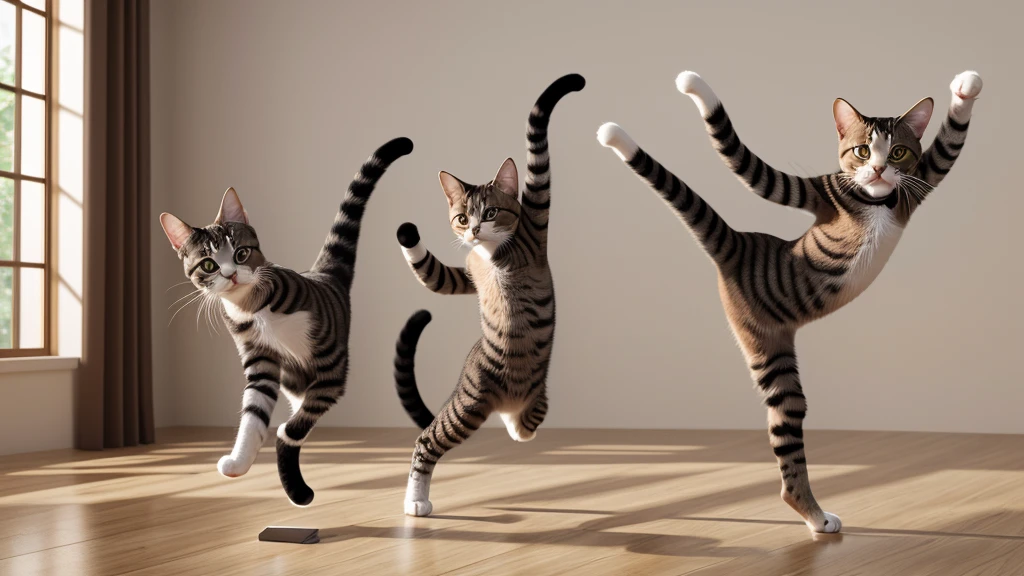 Realistic cat gymnastics、Very realistic cat、dancing, Each one has a different pose, dynamic pose, Fierce dance, Super fine (masterpiece, best quality:1.2), ultra-detailed, highres, (realistic:1.5)
