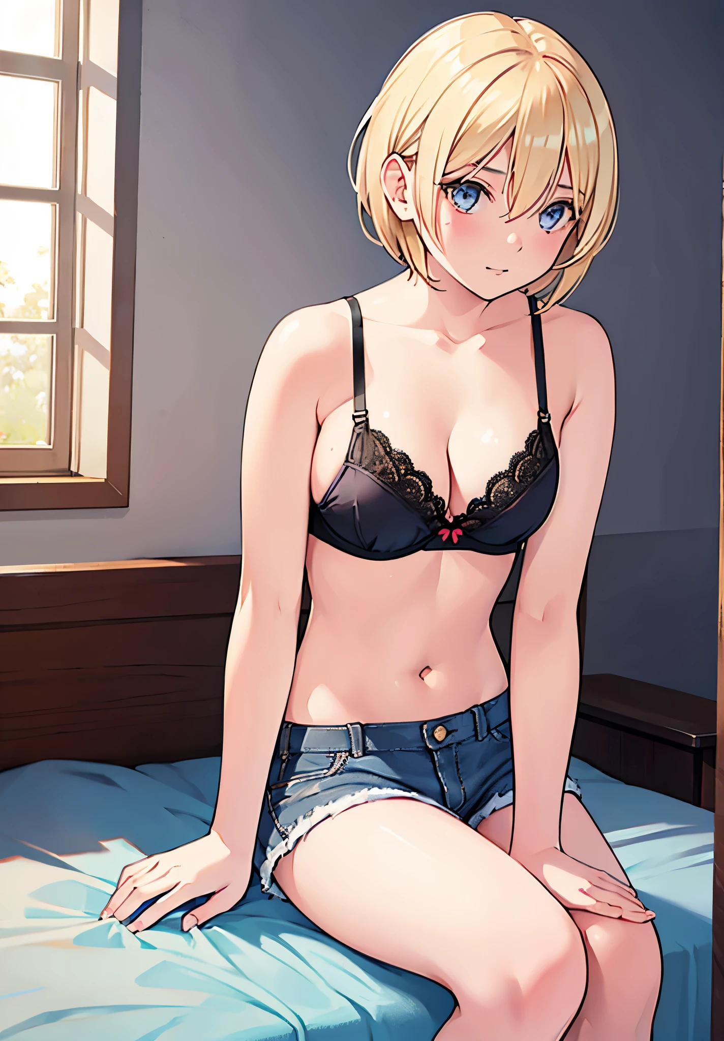 1Girl, Sitting on the bed, Short Blonde Hair, No Clothes, Black Bra, Very Big Breasts, Shorts, Very realistic 