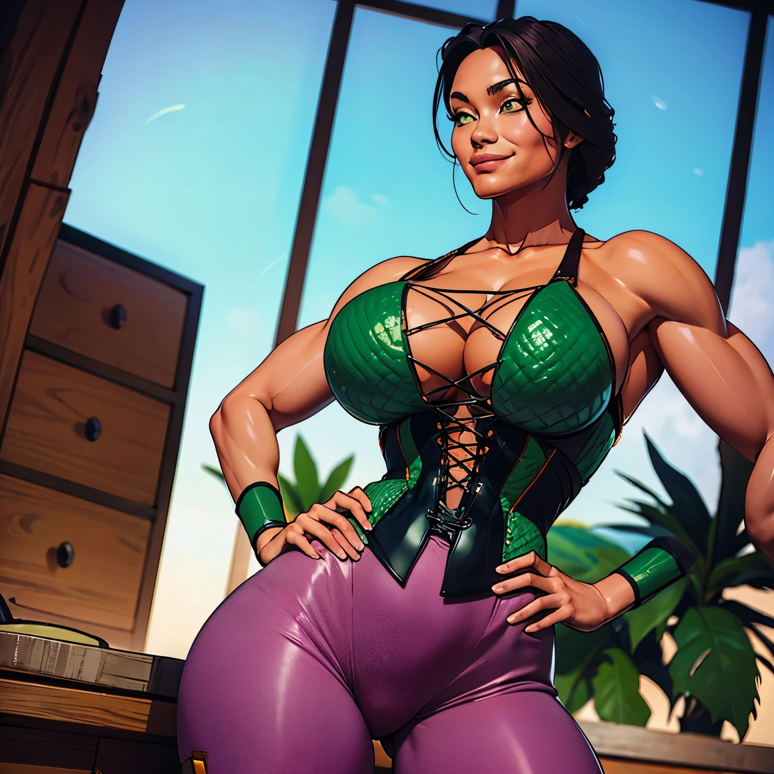 Huge breasts, corset, abs, tight green yoga pants, big booty, hands on hips, looking down, sexy smile
