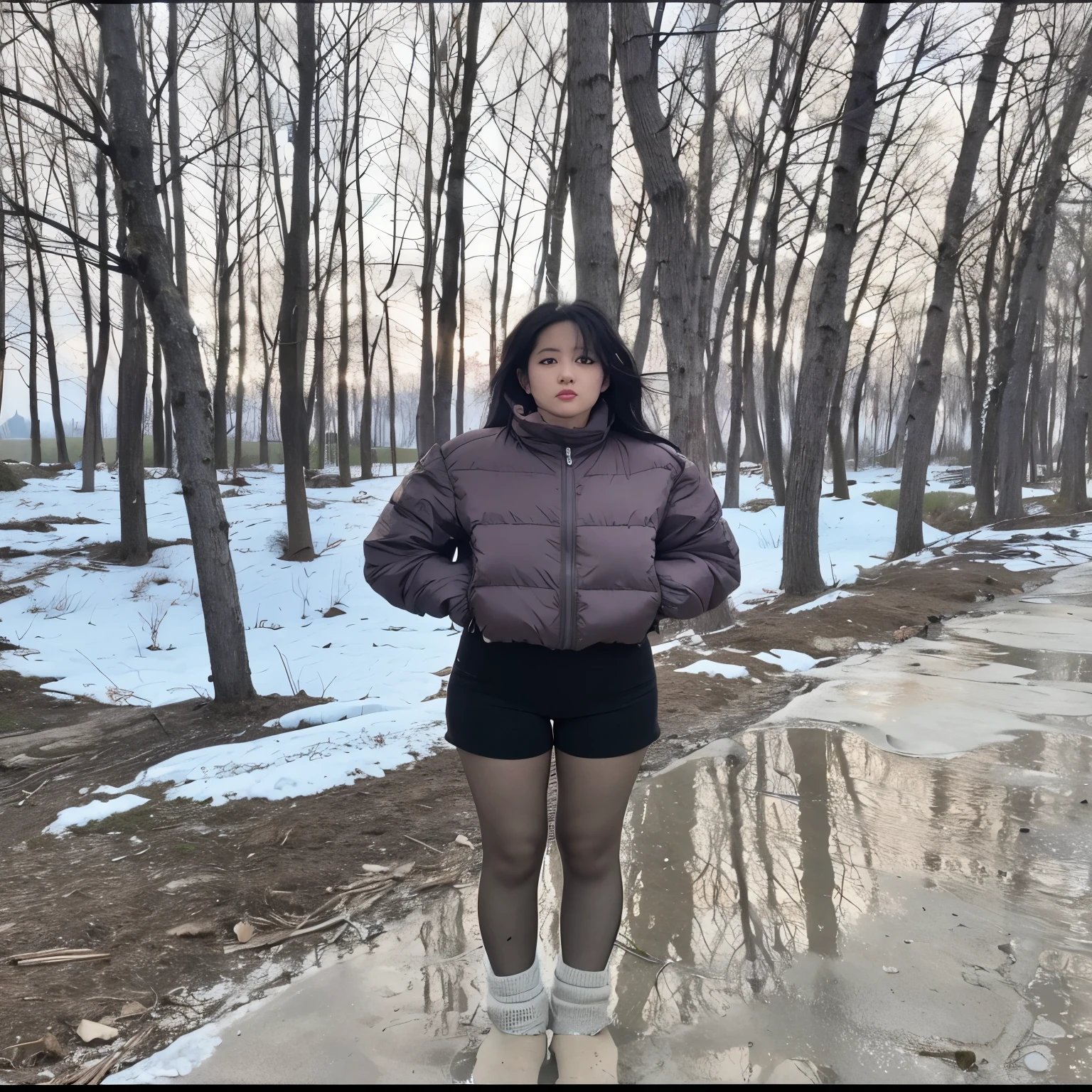 Araf woman in purple jacket and black shorts stands in puddle, in front of forest background, Inspired by Ma Yuanyu, 8k)), 19 year old girl, Urzan, down jacket, Xintong Chen, reflective down jacket, korean girl, short hair, User photo, cold but beautiful