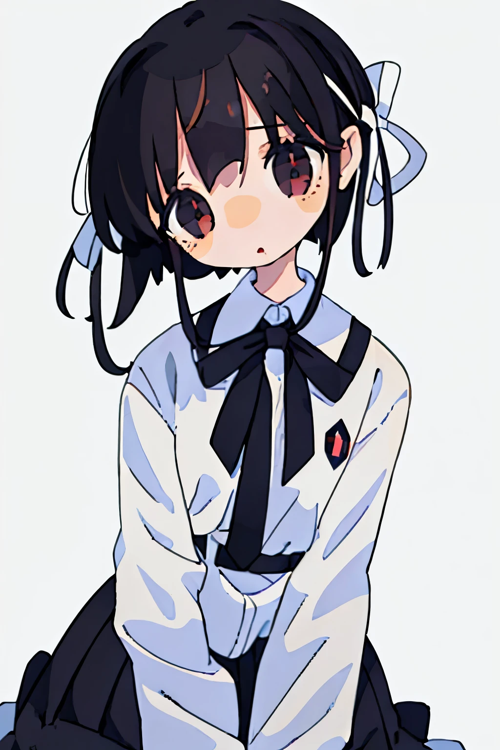 simple background, ribbon, Uniforms,
(best quality, masterpiece, original photo,Super detailed:1.2), 1 girl,alone,looking at the audience, pale skin, black hair, black sclera, white eyes, neutral expressions
