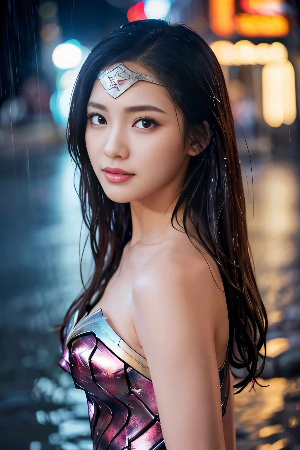 (8k, RAW photo, highest quality, masterpiece: 1.2), (realistic, photorealistic: 1.37), 1 girl,Upper body, wonder woman costume、完璧なwonder woman costume,Japanese people々, 25 years old, woman, daytime, rain, cityscape, street, Natural light, photon mapping, radio city, dark brown hair, detailed face, lip details, fine eyes, detail skin, double eyelid, Front view, (normal chest: 1.5), (Nipple processing: 1.3), perfect body, (((rain wet, rain wet, wet body : 1.2)), shiny skin, standing without an umbrella, sexy pose, sexy look, eye contact with camera