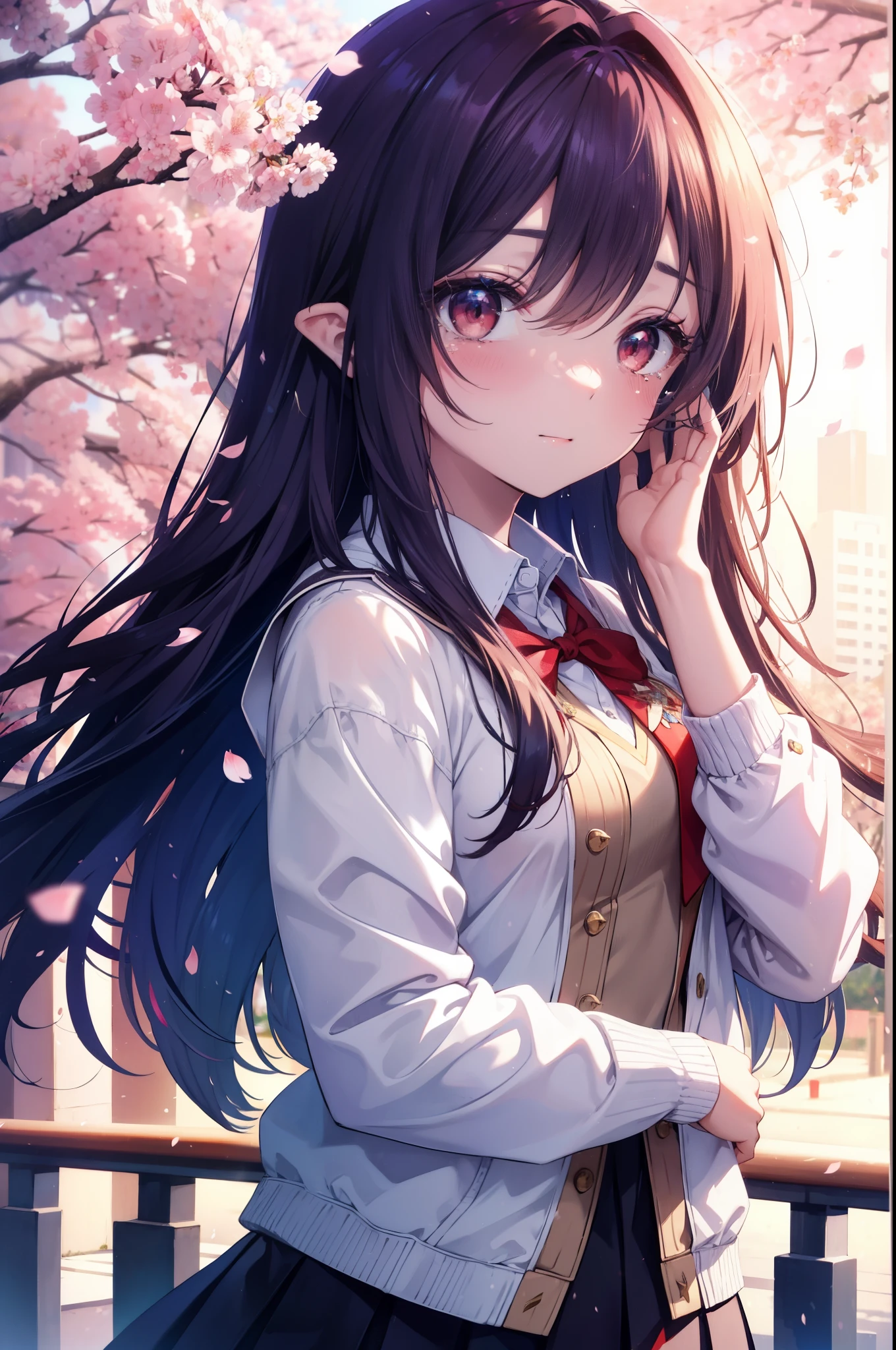 yuukikonno, Yuki Konno, hair band, long hair, pointed ears, purple hair, (red eyes:1.5), (small breasts:1.2), open your mouth,smile,blush,graduation ceremony,tilting the head,happy atmosphere,Big tears fall down her face,tears of joy, high school uniform,white Y shirt,red ribbon,purple blazer,black pleated skirt,white pantyhose,brown loafers,school building,Cherry blossoms are scattered,Cherry blossom tree-lined path,Crowd of students wearing school uniforms,ピンク色の景色
break looking at viewer, Upper body, whole body,
break outdoors, School,school building,
break (masterpiece:1.2), highest quality, High resolution, unity 8k wallpaper, (figure:0.8), (detailed and beautiful eyes:1.6), highly detailed face, perfect lighting, Very detailed CG, (perfect hands, perfect anatomy),