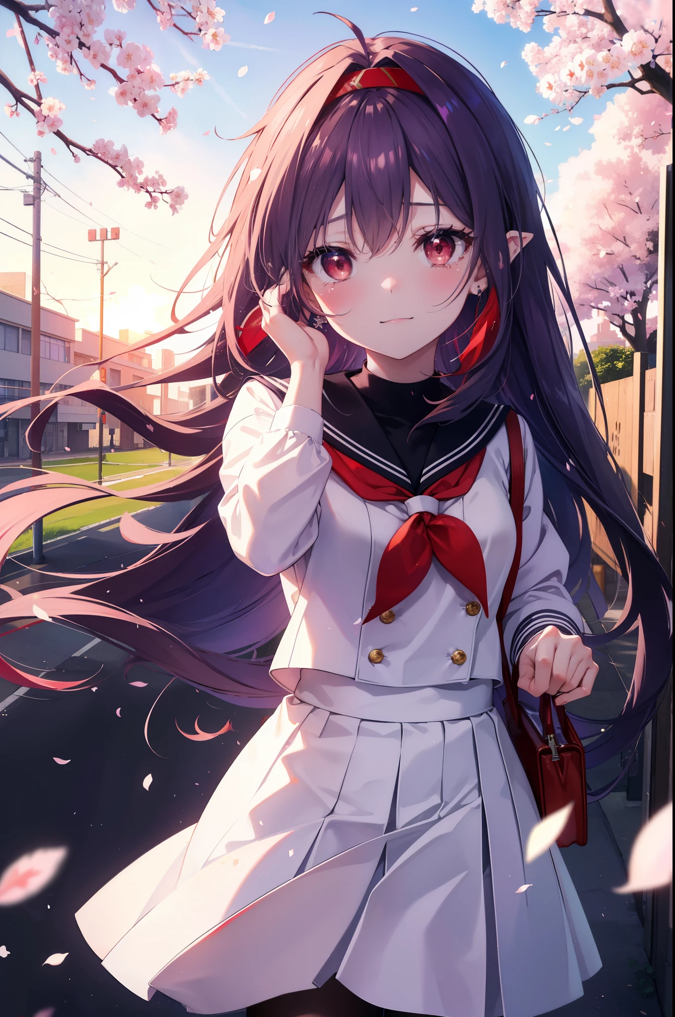 yuukikonno, Yuki Konno, hair band, long hair, pointed ears, purple hair, (red eyes:1.5), (small breasts:1.2), open your mouth,smile,blush,graduation ceremony,tilting the head,happy atmosphere,Big tears fall down her face,tears of joy, high school uniform,white Y shirt,red ribbon,purple blazer,black pleated skirt,white pantyhose,brown loafers,school building,Cherry blossoms are scattered,Cherry blossom tree-lined path,Crowd of students wearing school uniforms,ピンク色の景色
break looking at viewer, Upper body, whole body,
break outdoors, School,school building,
break (masterpiece:1.2), highest quality, High resolution, unity 8k wallpaper, (figure:0.8), (detailed and beautiful eyes:1.6), highly detailed face, perfect lighting, Very detailed CG, (perfect hands, perfect anatomy),