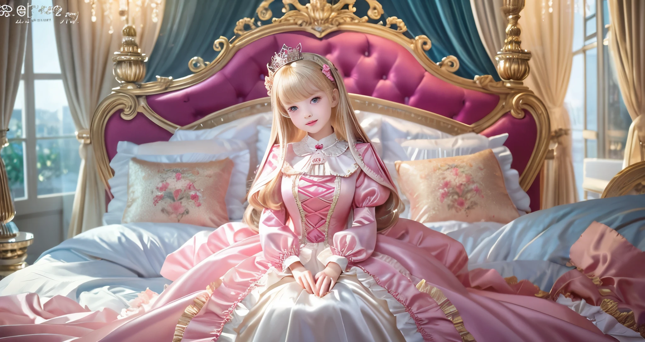 ,highest quality, masterpiece, highest resolution, artwork, super それにget used to it, many get used to it, get used to it, それにget used to it, 3K ultra-high resolution realistic photos,,(( When I was 10 years old)),Super detailed baby face,She is a princess,Full length ball gown dress with hoop skirt,ruffled yoke collar,puff sleeves,long sleeve,((Lolita style hot pink detailed princess satin dress、Comes with lots of frills and ribbons。)),colorful rococo fashion,shiny satin dress,Soft and smooth fabric,luxury,long blonde hair,blue eyes,white skin european,pajamas,((inside the palace)),,,(( When I was 10 years old)),Super detailed baby face,Full length ball gown dress with hoop skirt,long skirt,ruffled yoke collar,puff sleeves,腰まで伸びるlong blonde hair,blue eyes,white skin european,pajamas,((inside the palace bedroom)),ピンクのシルクサテンのluxuryなcanopy bedの上,canopy bed,luxurious curtains under the canopy,many frilly pillows on the bed,super detailed background,detailed bed,silk satin bed sheets,soft silk satin comforter,Soft silk satin ruffled pillow in pastel colors,little princess is sitting on the bed,large ball gown dress that completely covers the legs,legs are hidden in the dress,Don't put your feet out to the side,Beautiful girl illustration,detailed beautiful face detailed hair,detailed human eye ,detailed mouth, arm details,fine hands,Detailed pillow,Frilly pillows piled up behind the girl,