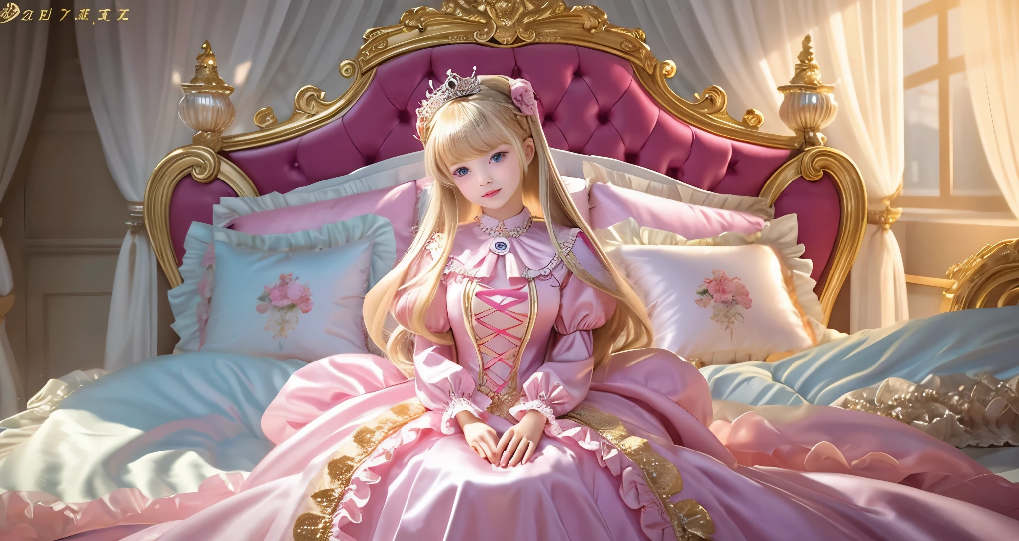 ,highest quality, masterpiece, highest resolution, artwork, super それにget used to it, many get used to it, get used to it, それにget used to it, 3K ultra-high resolution realistic photos,,(( When I was )),Super detailed baby face,She is a princess,Full length ball gown dress with hoop skirt,ruffle yoke collar,puff sleeves,long sleeve,((lolita style pink princess satin dress、Comes with lots of frills and ribbons。)),colorful rococo fashion,shiny satin dress,Soft and smooth fabric,luxury,long blonde hair,blue eyes,white skin european,pajamas,((inside the palace)),,,(( When I was 10 years old)),Sd baby face,Full length ball gown dress with hoop skirt,long skirt,ruffle yoke collar,puff sleeves,腰まで伸びるlong blonde hair,blue eyes,white skin european,pajamas,((Inside the castle bedroom)),ピンクのシルクサテンのluxuryなcanopy bedの上,canopy bed,luxurious curtains under the canopy,many frilly pillows on the bed,super detailed background,detailed bed,silk satin bed sheets,soft silk satin comforter,Soft silk satin ruffled pillow in pastel colors,little princess is sitting on the bed,((((large ball gown dresses that completely cover the legs)))),((((legs are hidden in the dress,Don'Don't put your feet out to the side)))),Beautiful girl illustration,detailed beautiful face detailed hair,detailed human eye ,detailed mouth, arm details,fine hands,Detailed pillow,Frilly pillows piled up behind the girl,