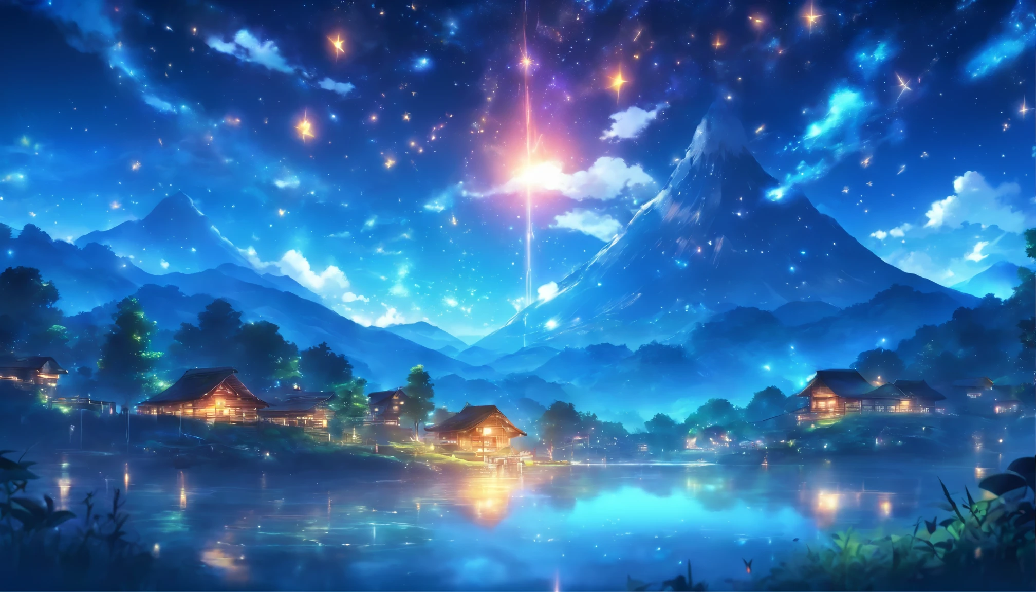 night starry sky, A special story spun by sparkling meteors. There is a mountain hut、There are small river valleys around,There is a fawn、Fireflies appear,hyper hd